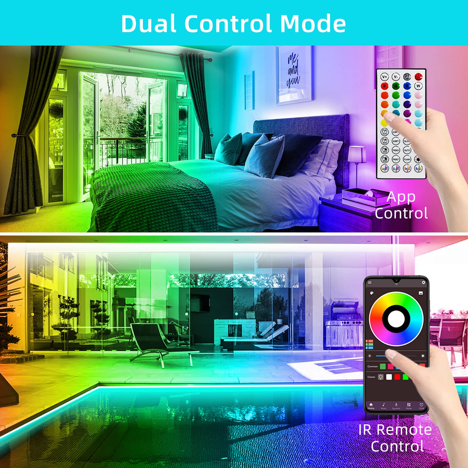 Lcutml LED Strip Lights, RGB Color Changing, 130FT (2 Rolls of 65ft), APP Control, Multicolor, Model ERS-F30RGBB12-IP300