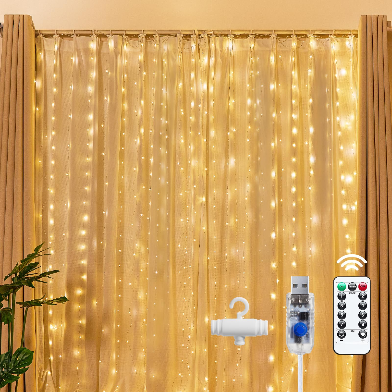 Brightown 300 LED Fairy Curtain Lights, 9.8ft x 9.8ft Warm White Curtain String Lights, USB Plug in 8 Lighting Modes Christmas D
