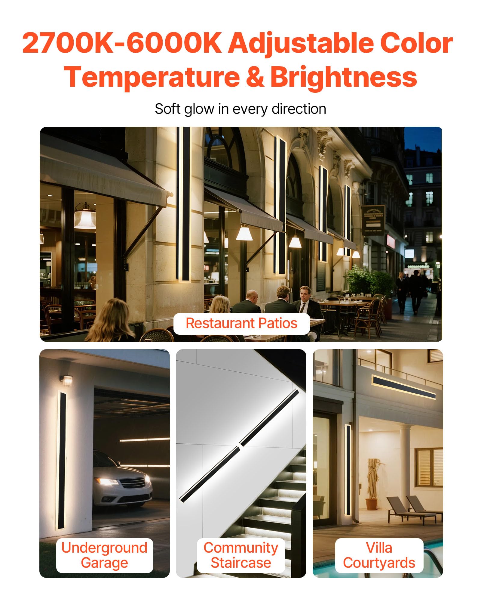 VEVOR Outdoor Wall Lights, Modern Sconce Fixtures, Dimmable, IP65 Waterproof, 59.1 Inch, Black and White, Model VB55-D-2
