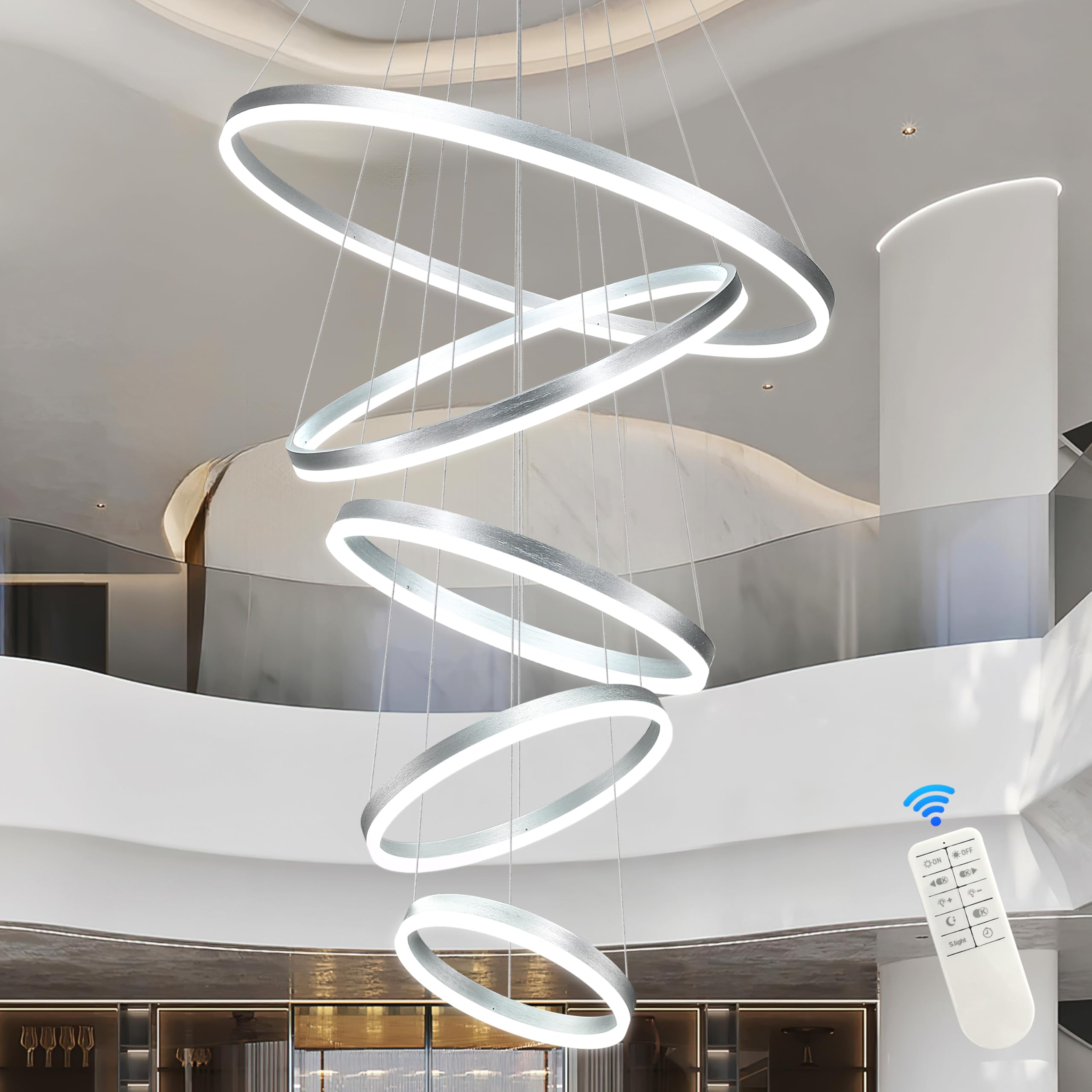 Mccokaige 5 Rings Modern Sliver Pendant Lights Led Chandelier Dimmable Height Adjustable Chandeliers Color Temperature Sliver Ch