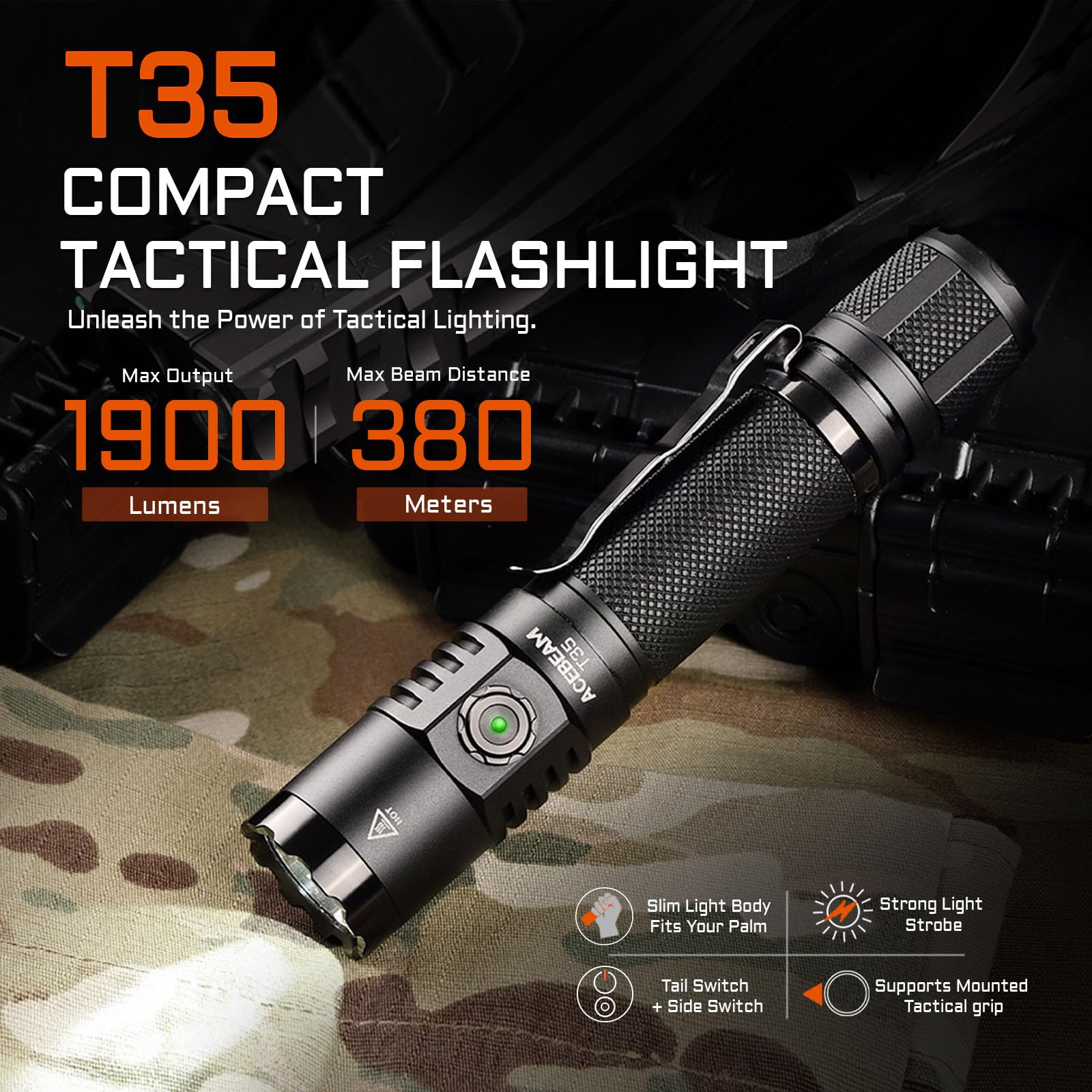 ACEBEAM T35 Tactical EDC Flashlight Gifts for Men, 1900 High Lumens Flashlight Rechargeable, Dual Switches Tactical Flashlight,