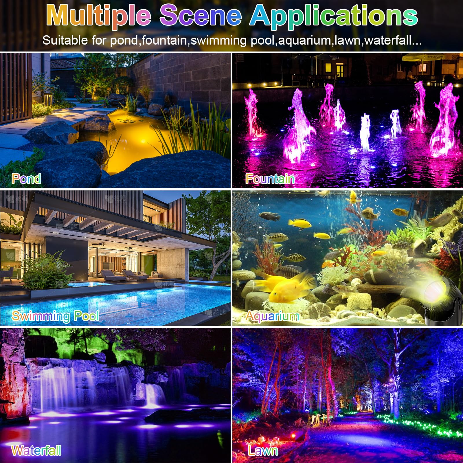 Srygery RGB Underwater Pond Lights, 6 Lights, IP68 Waterproof, Remote Control, Dimmable, Black, Model BSV-RL504C