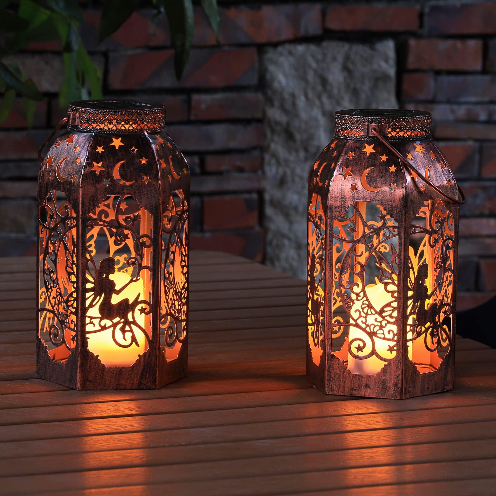 Singingarden Solar Lanterns Outdoor Hanging Metal Bronze Moon Fairy Lantern, 1 Pack Waterproof Flickering Flameless Candle Mission Lights For Table,Pathway,Garden Gifts For Women, Mothers' Day Gift