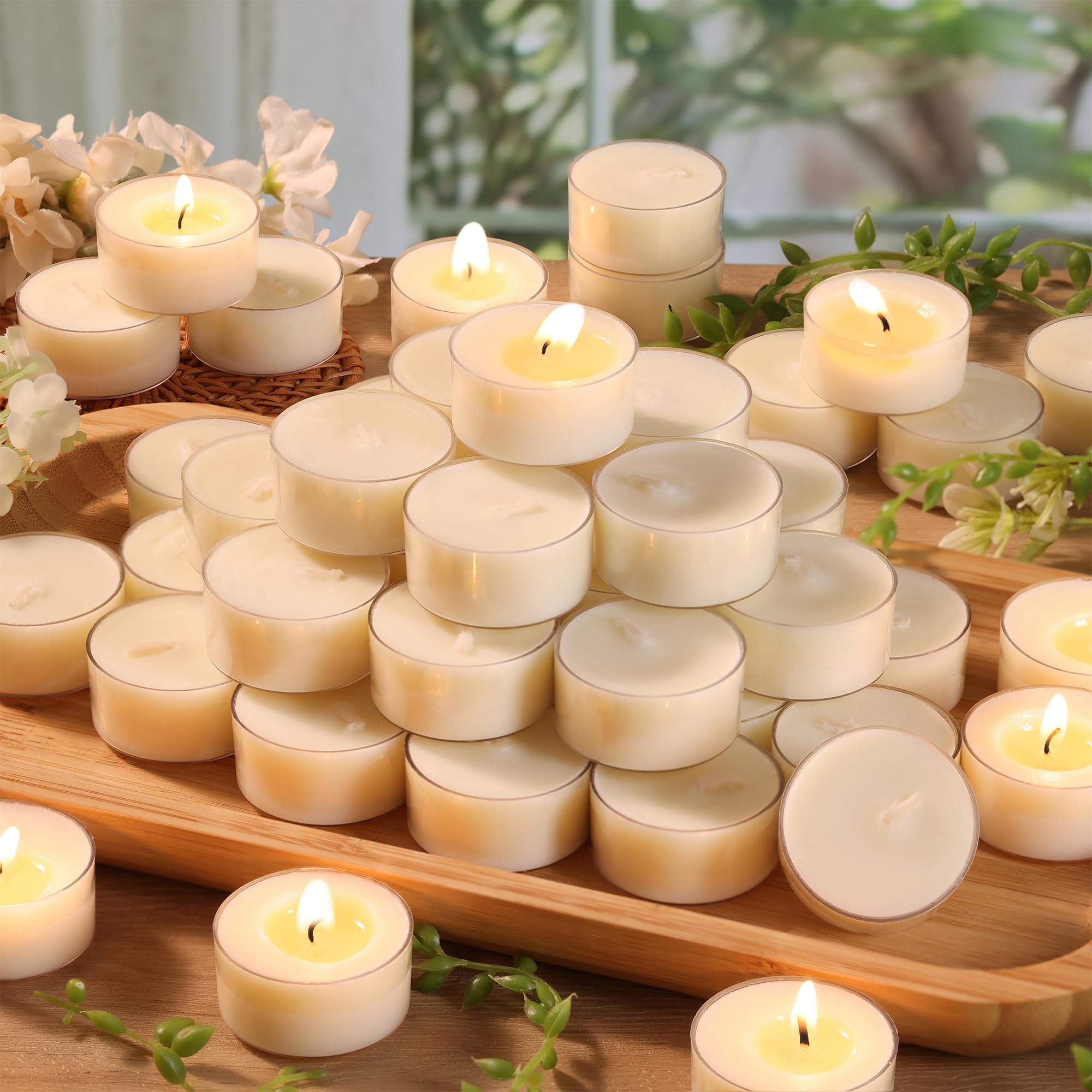 6 Hour Soy Tea Lights Candles 50 Pack  Unscented Long Burning Tea Lights Bulk  White Small Votives-Burn Clean  Non-Paraffin Soy Candles for Wedding Party Centerpiece 