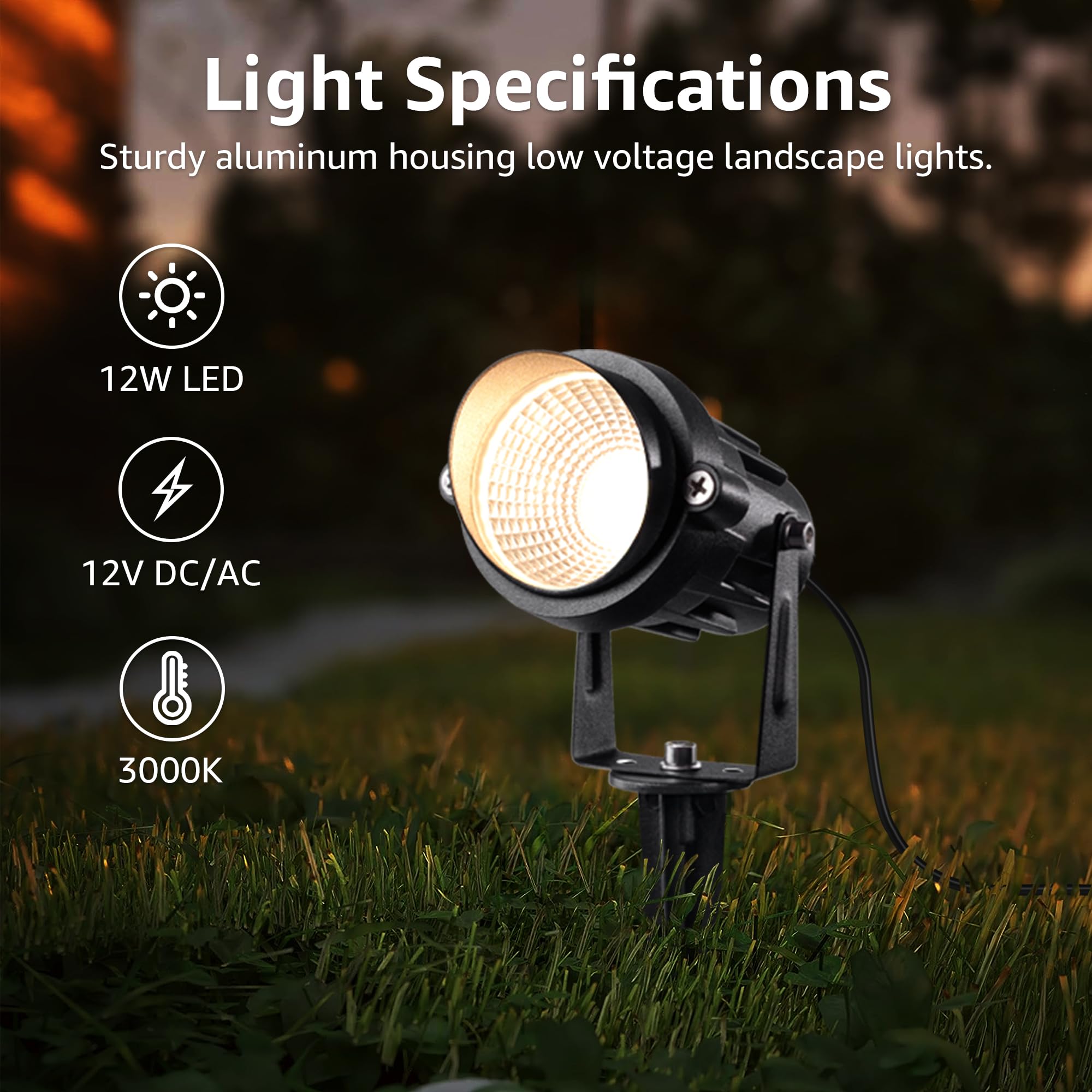 SUNVIE LED Landscape Lighting Kit - 12 Pack, 3000K Waterproof Aluminum Spotlights, 300W Transformer, Black for Yard & Garden