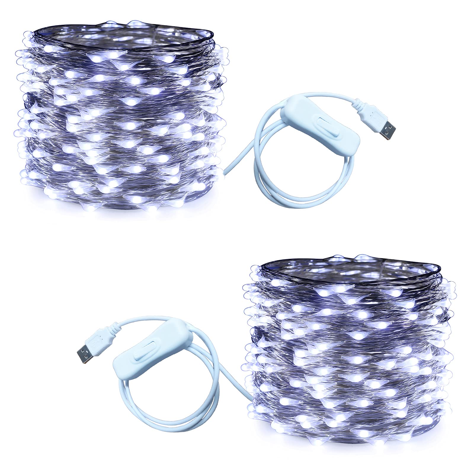 RUICHEN USB Fairy Lights 66 Ft 200 LED String Lights with On/Off Switch (Cool White  2 Pack)