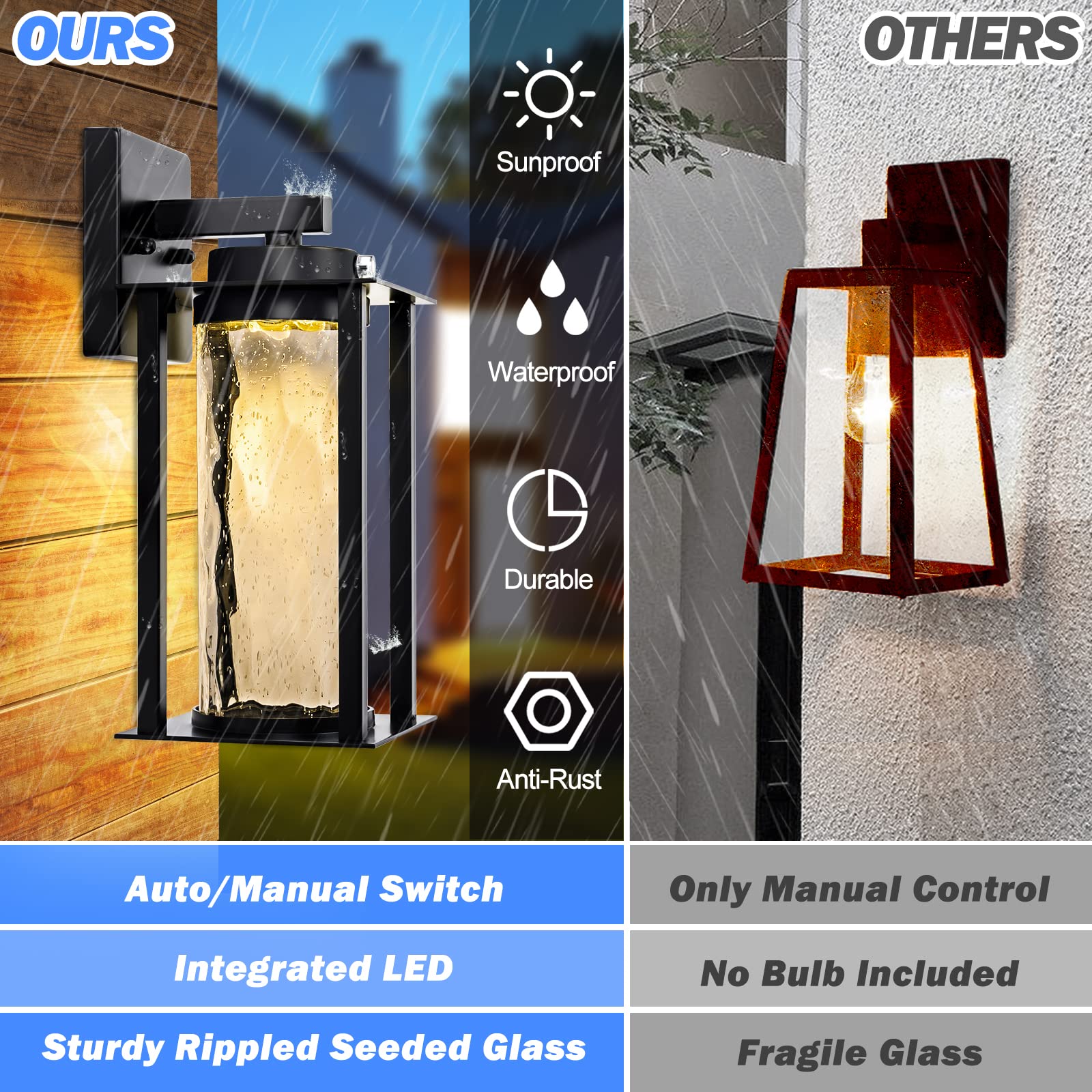 Led Dusk To Dawn Outdoor Light Fixtures - 2 Packs Modern Porch Lighting With Attractive Glass, 13W 3000K Led Exterior Sconce Wal