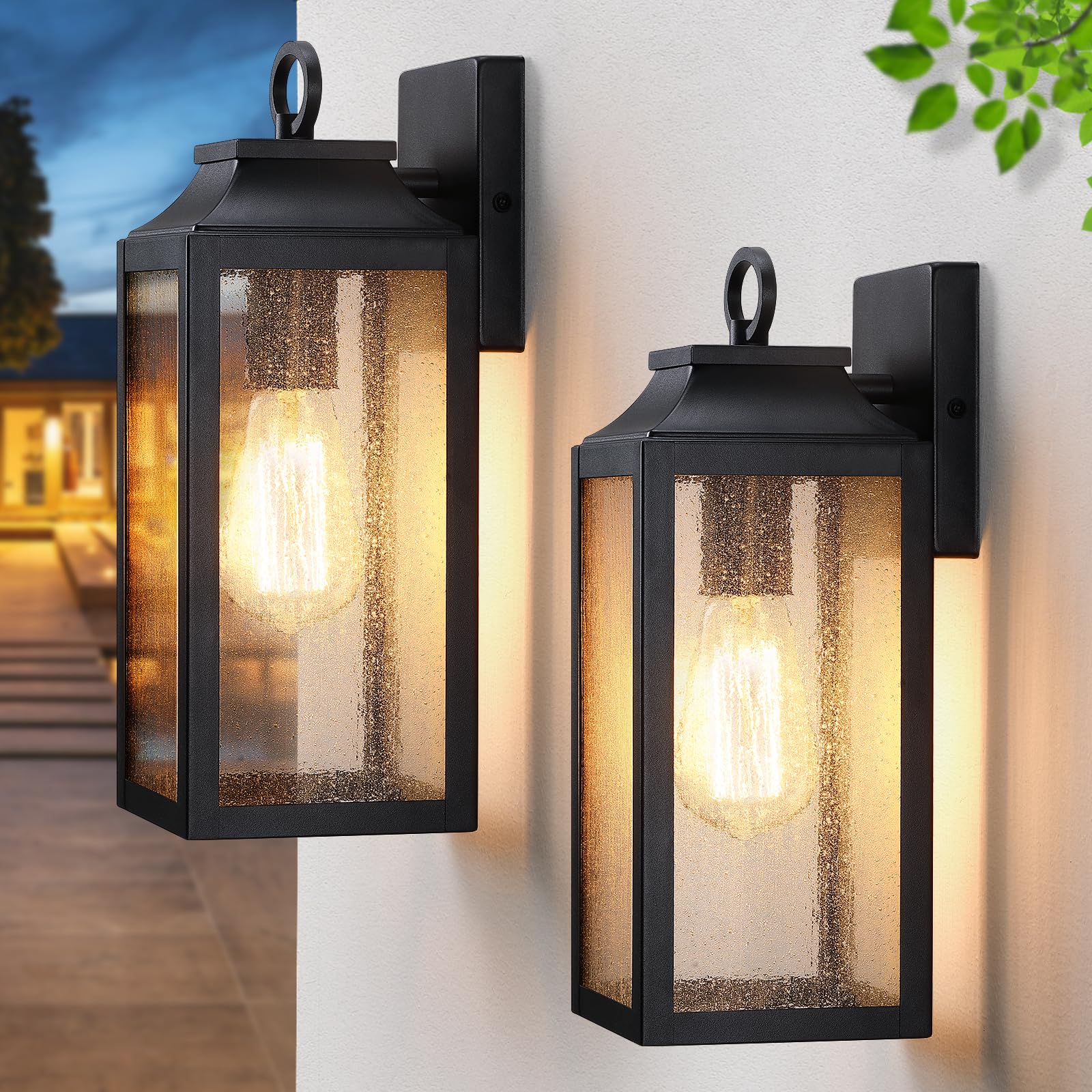 YKLITG 2 Pack Outdooor Wall Light Fixture,12.63'' Porch Exterior Wall Lantern Lighting,Black Industrial Sconce with Seeded Glass