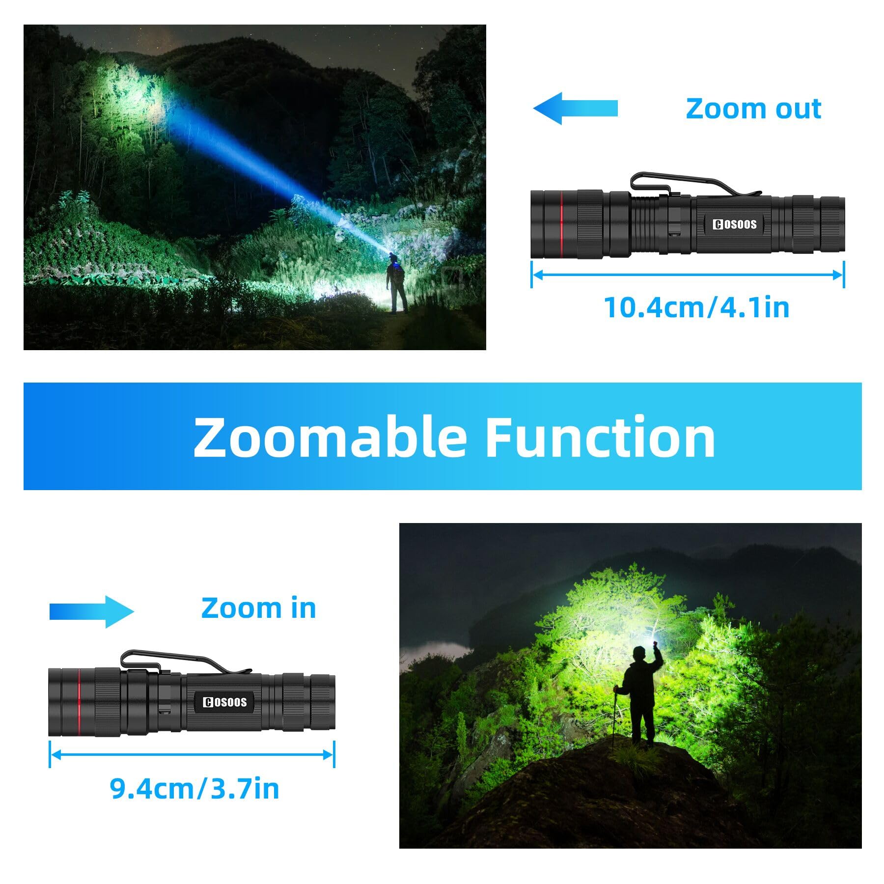 COSOOS Mini LED Tactical Flashlights - 3 Pack, 3.7" Waterproof, High Lumen, Black, Zoomable Penlight for Camping