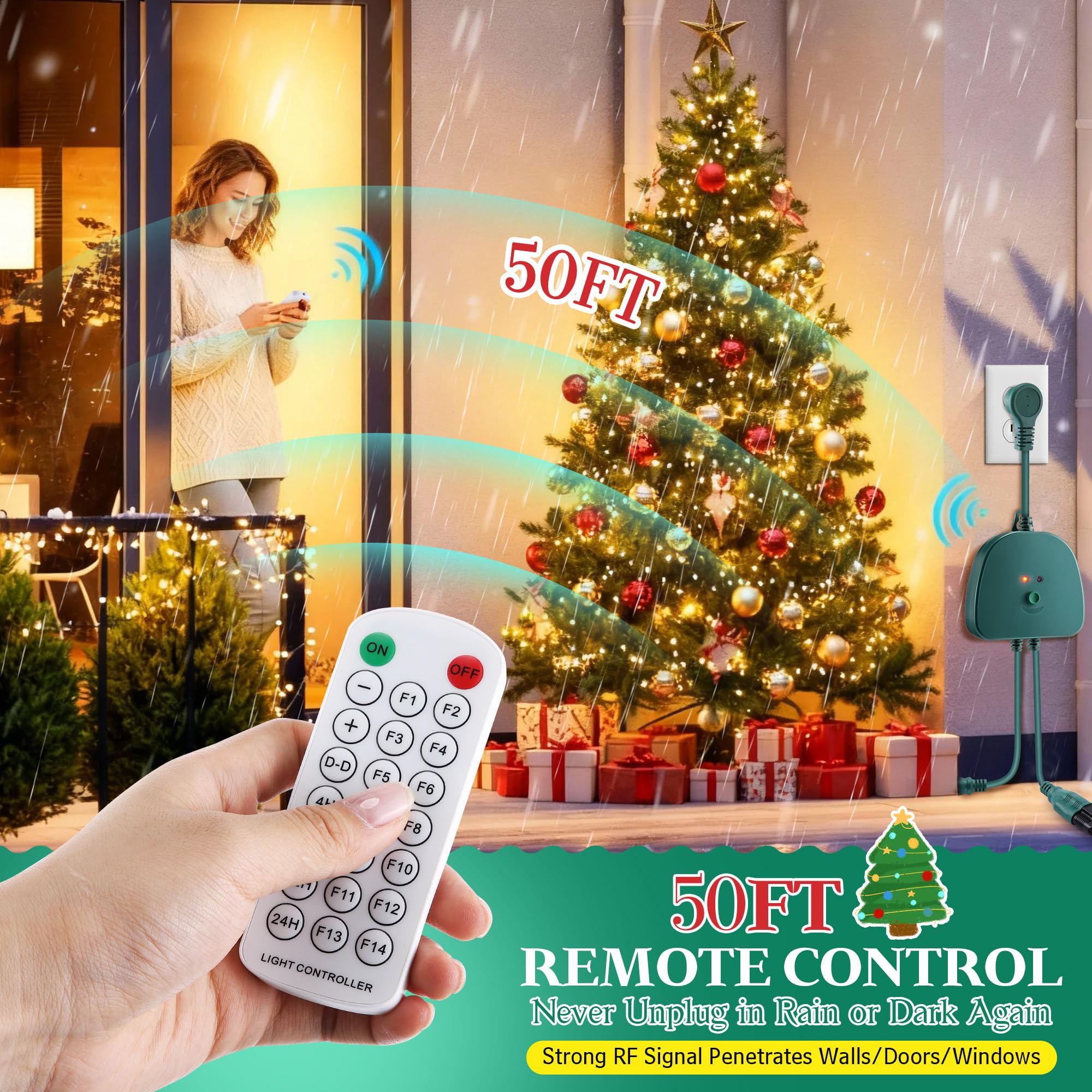 Gulfmew Christmas Light Controller, 2 Channel, 14 Functions, Remote, Dusk to Dawn Sensor, Green, Model TD-Gulfmew-1065