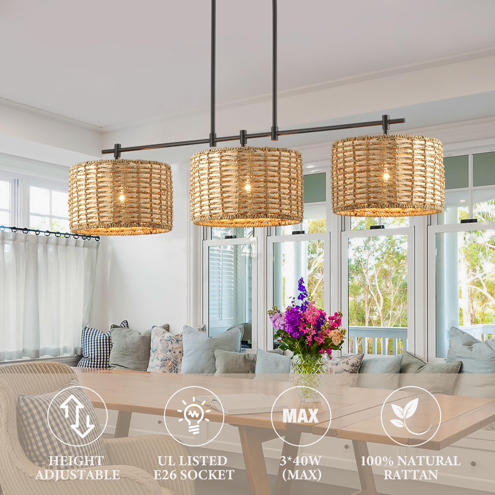 Hlmrchen 41'' Chandelier Woven Rattan Light Fixture With 3 Wicker Lampshades, Large Linear Boho Chandeliers Drum Pendant Lights