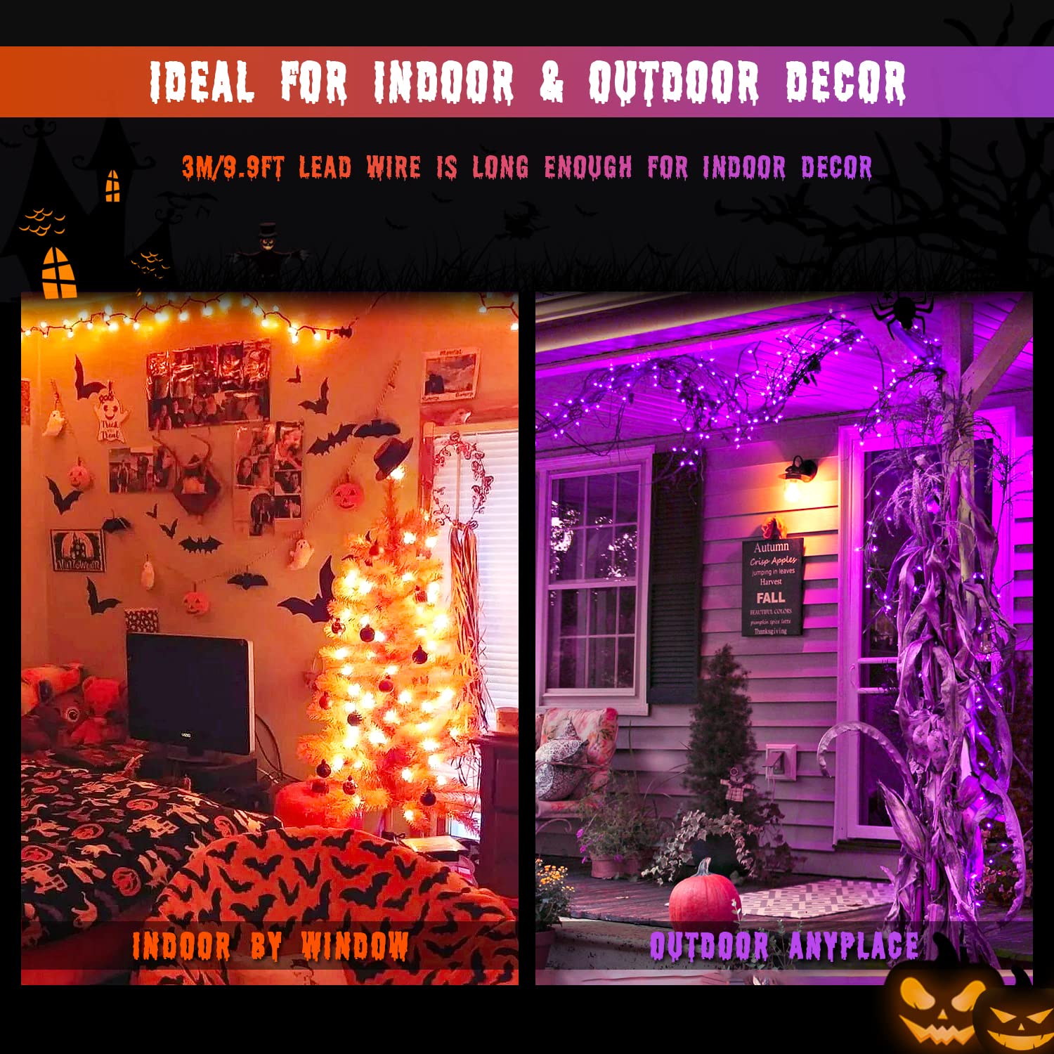 JMEXSUSS Solar Halloween Lights, 100 LED Color Changing String Lights, 33ft, 2 Pack, Orange to Purple, Waterproof, 8 Modes