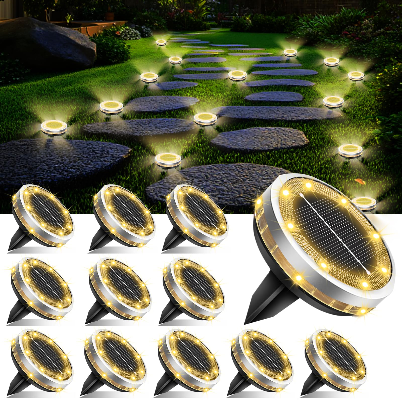Solar Ground Lights Outdoor 12 Pack Waterproof, Upgraded Solar Garden Lights with 4 Side Light, Stainless Steel Solar Powered Di