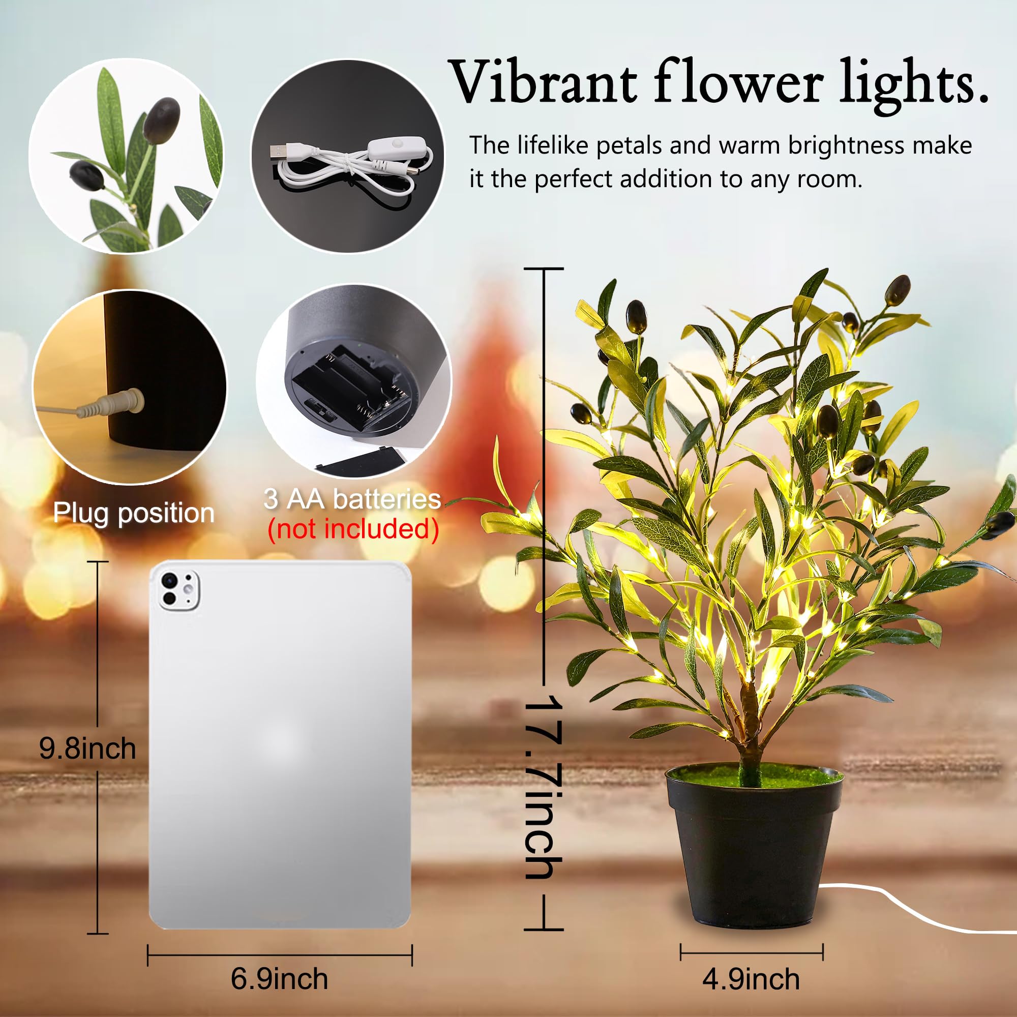 hibeauti Artificial Olive Tree Lamp - Faux Silk Cloth, Flower Light - Home Decor for Living Room, Office, Coffee Shop - Olive Tree Color