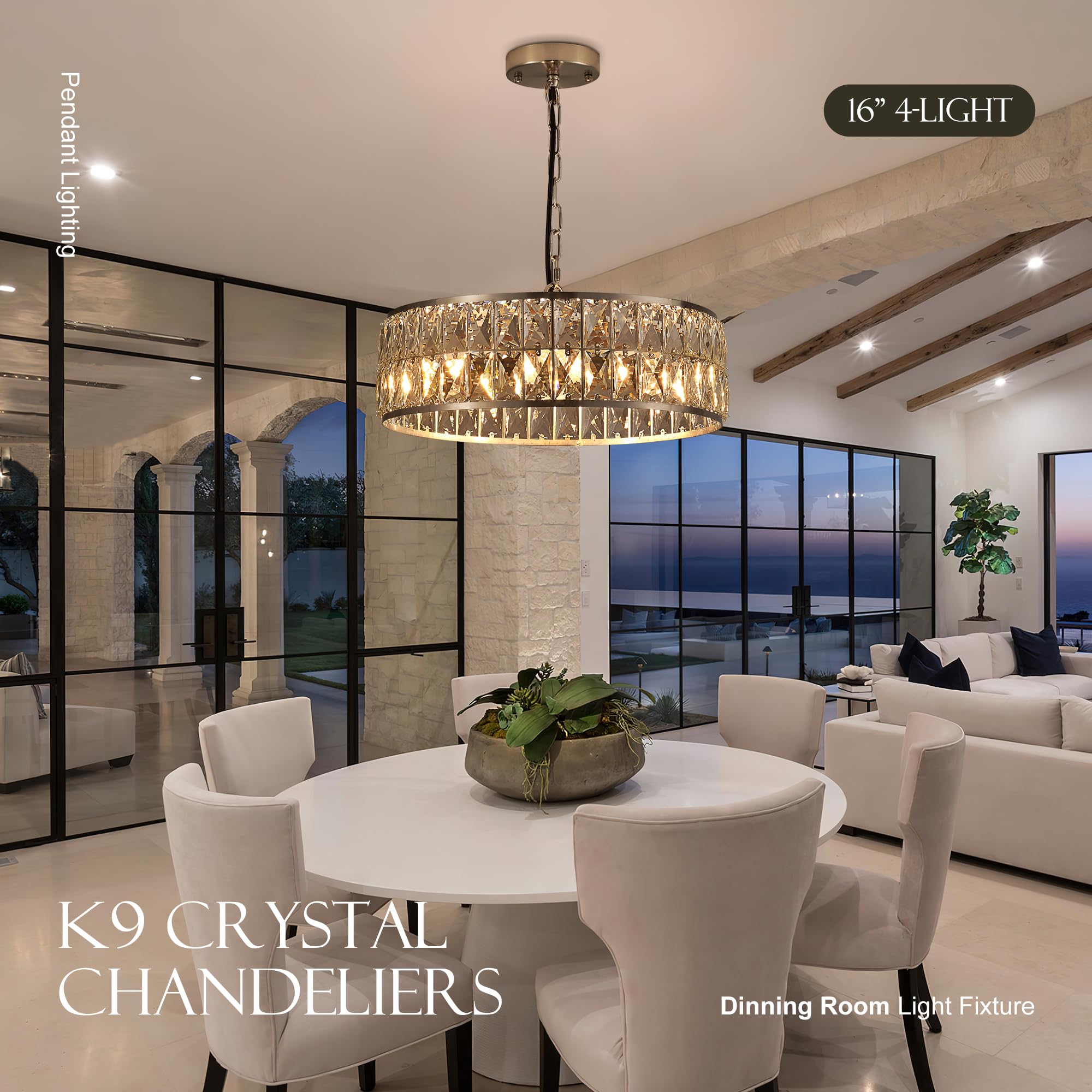 Salaiwei 16    4-Light Modern Crystal Chandeliers Nickel Dinning Room Light Fixture, Round Pendant Light Kitchen Island Chandeli