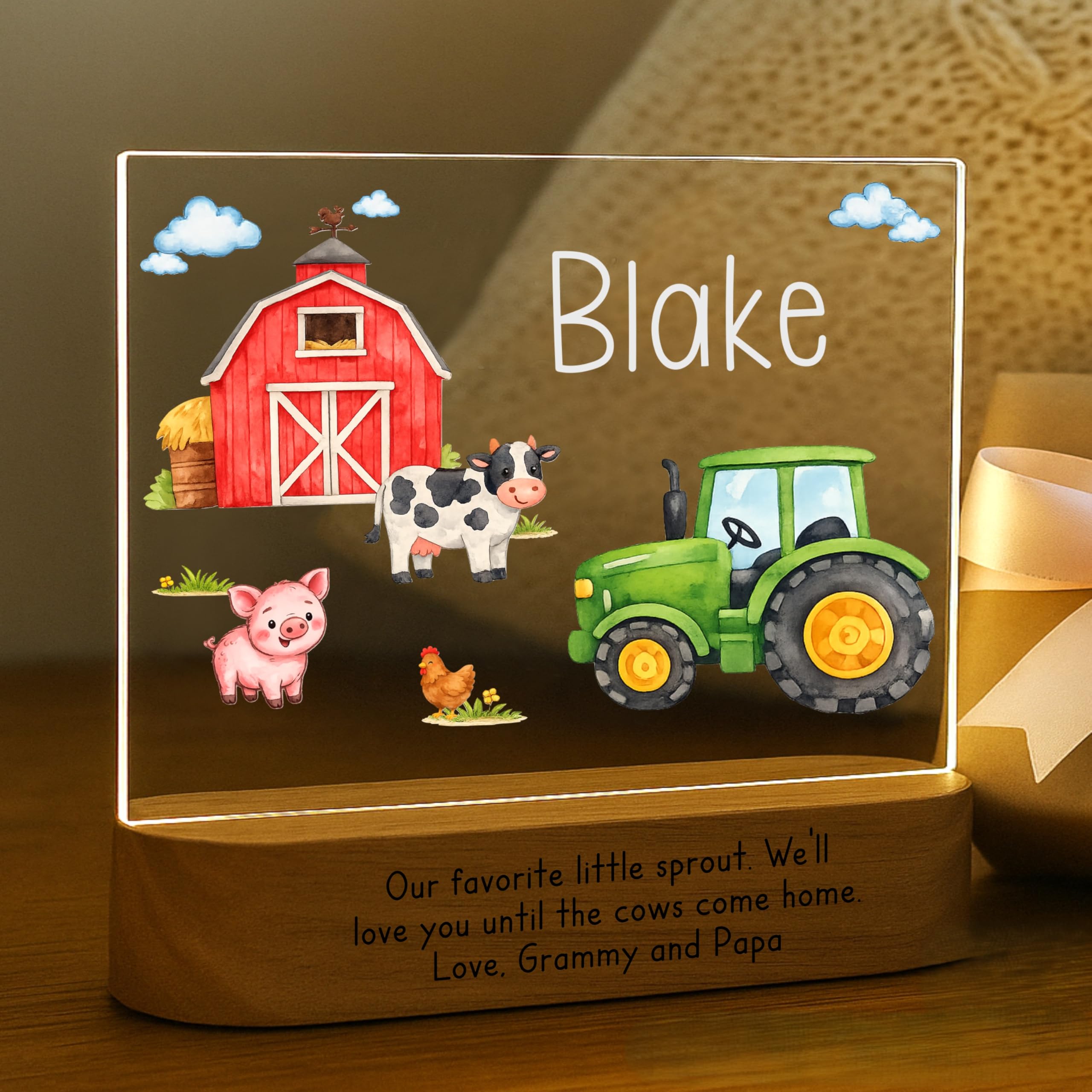 Farm Night Light for Kids | Personalized Baby Night Light with Barn & Tractor | Custom Name Farm Nursery Decor, Plug-in LED Nigh