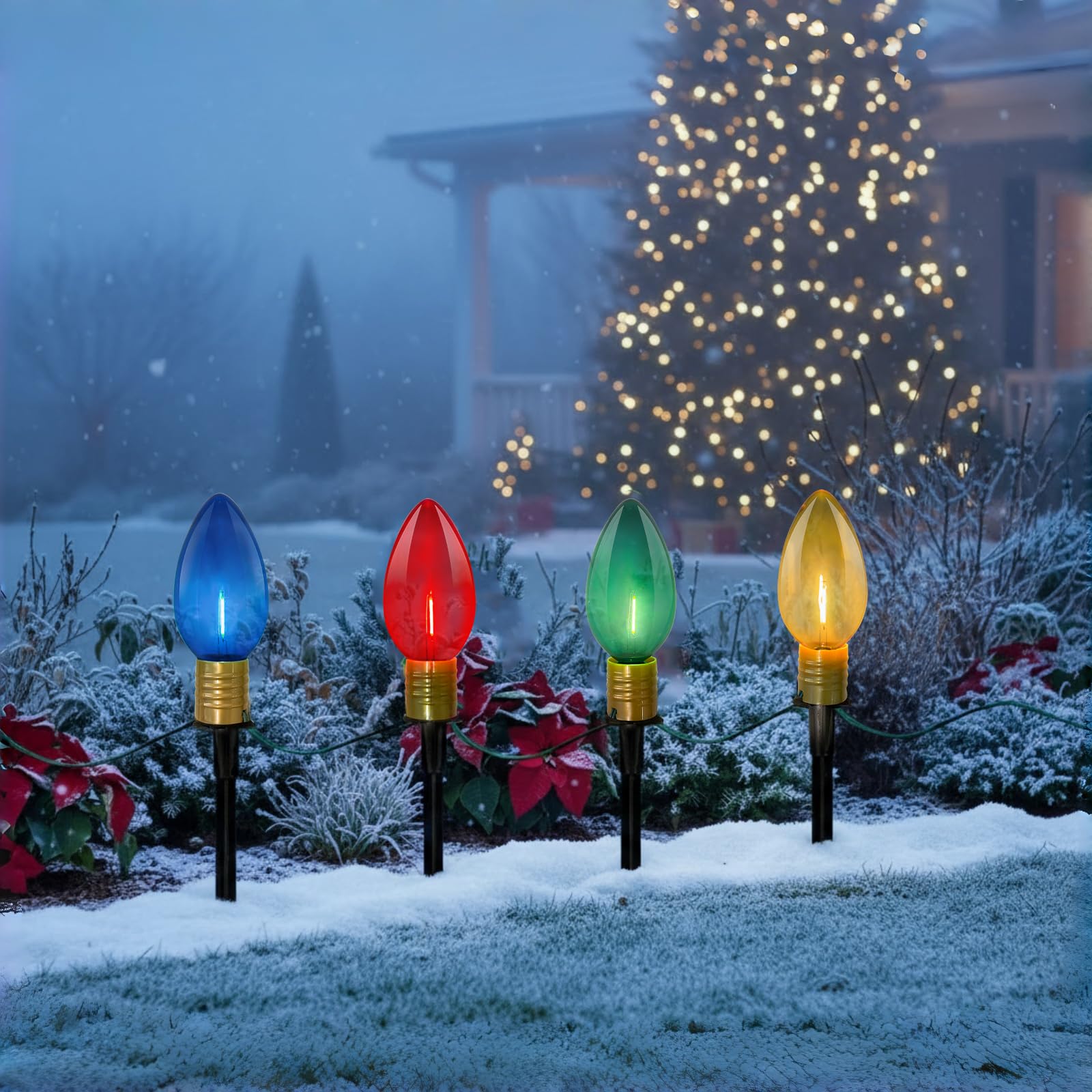 Pallerina C9 LED Christmas Pathway Lights 7Ft Multicolor Pathway Christmas Lights Walkway Light Outdoor with 4 Colorful Clear Bulbs  Connectable Holiday Commercial Xmas Decoration- Green Wire