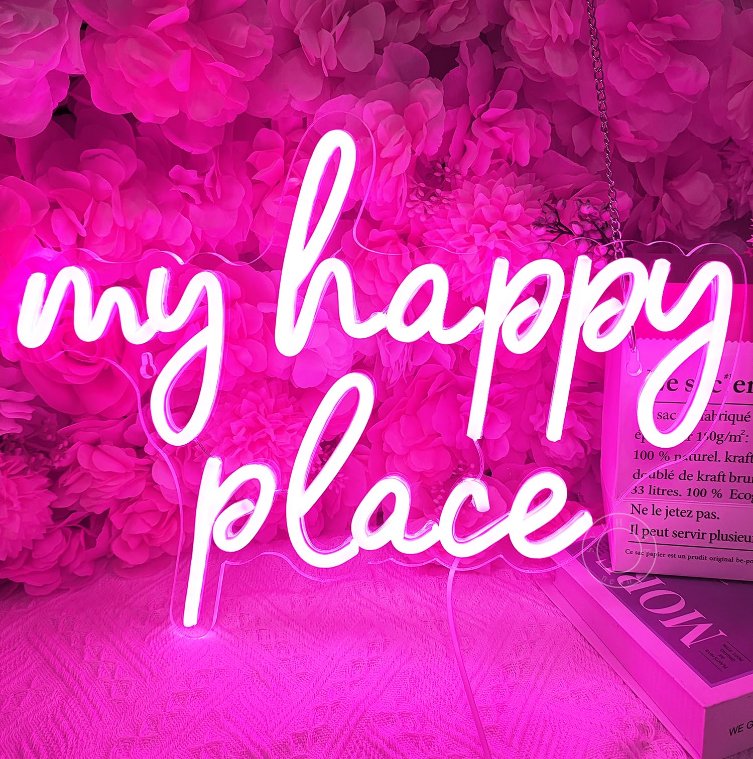 SYLHOME LED Neon Light Sign, Pink My Happy Place, 15.8in x 11.2in, Acrylic, Model NS-ZF5V-AMZ-myhappyplace-P