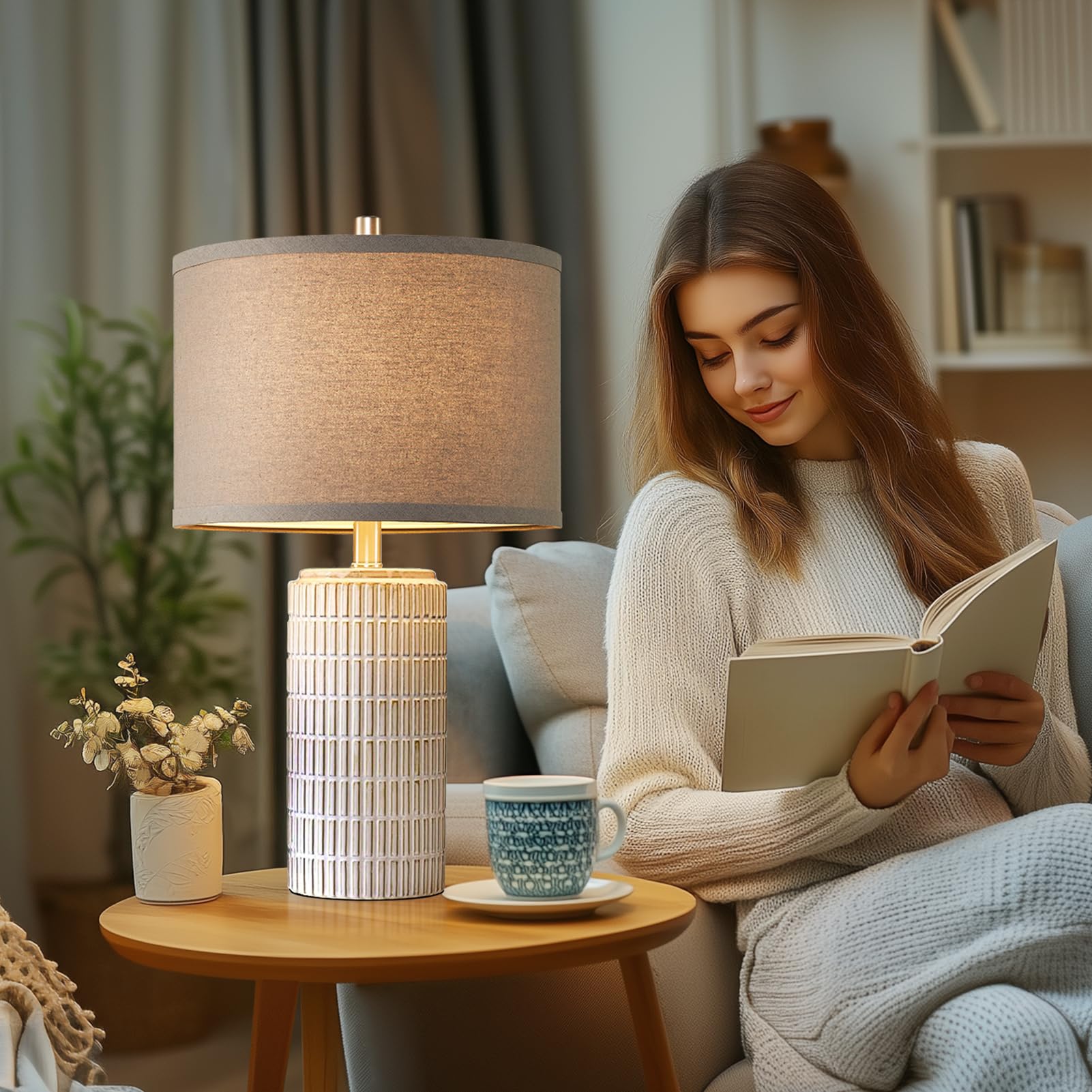 Aieampdo 23'' Set Of 2 Ceramic Table Lamps, Farmhouse Bedside Lamp For Bedroom Living Room Nightstand Entryway, Side Table Lamps