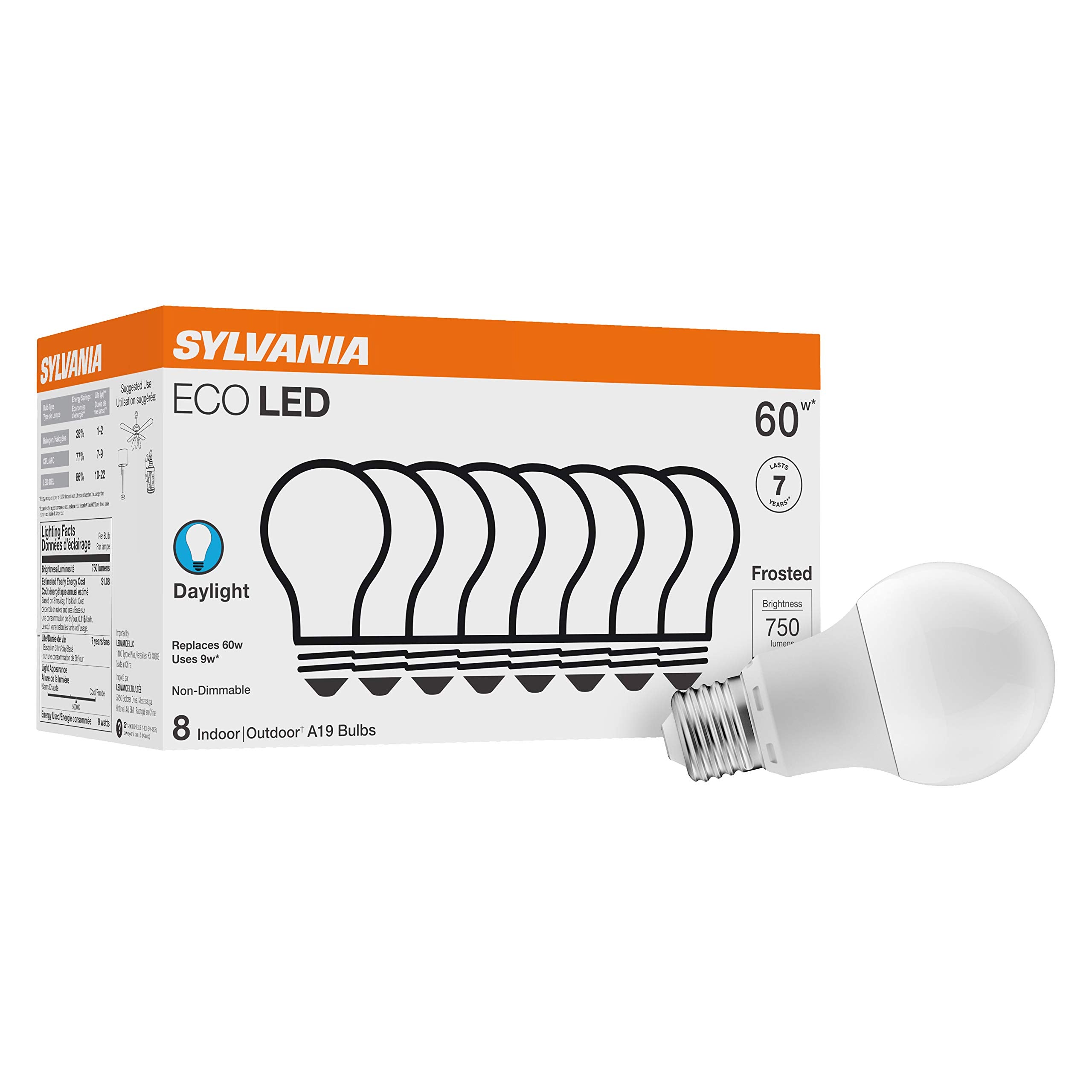 Sylvania Eco Led A19 Light Bulb, 60W Equivalent, Efficient 9W, 7 Year, 750 Lumens, Non-Dimmable, Frosted, 5000K, Daylight - 8 Pa