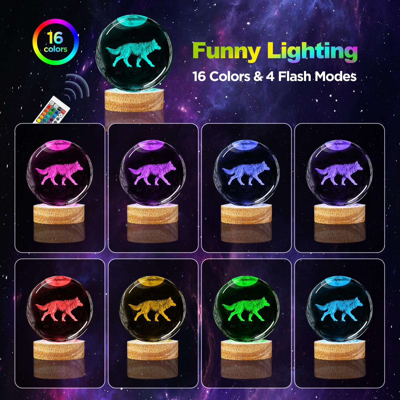 Oriamde 3D Wolf Crystal Ball Night Light 3.15 Inch Wolf Figurine Glass Ball Lamp With 16 Color Changing Wooden Base Wolf Home De