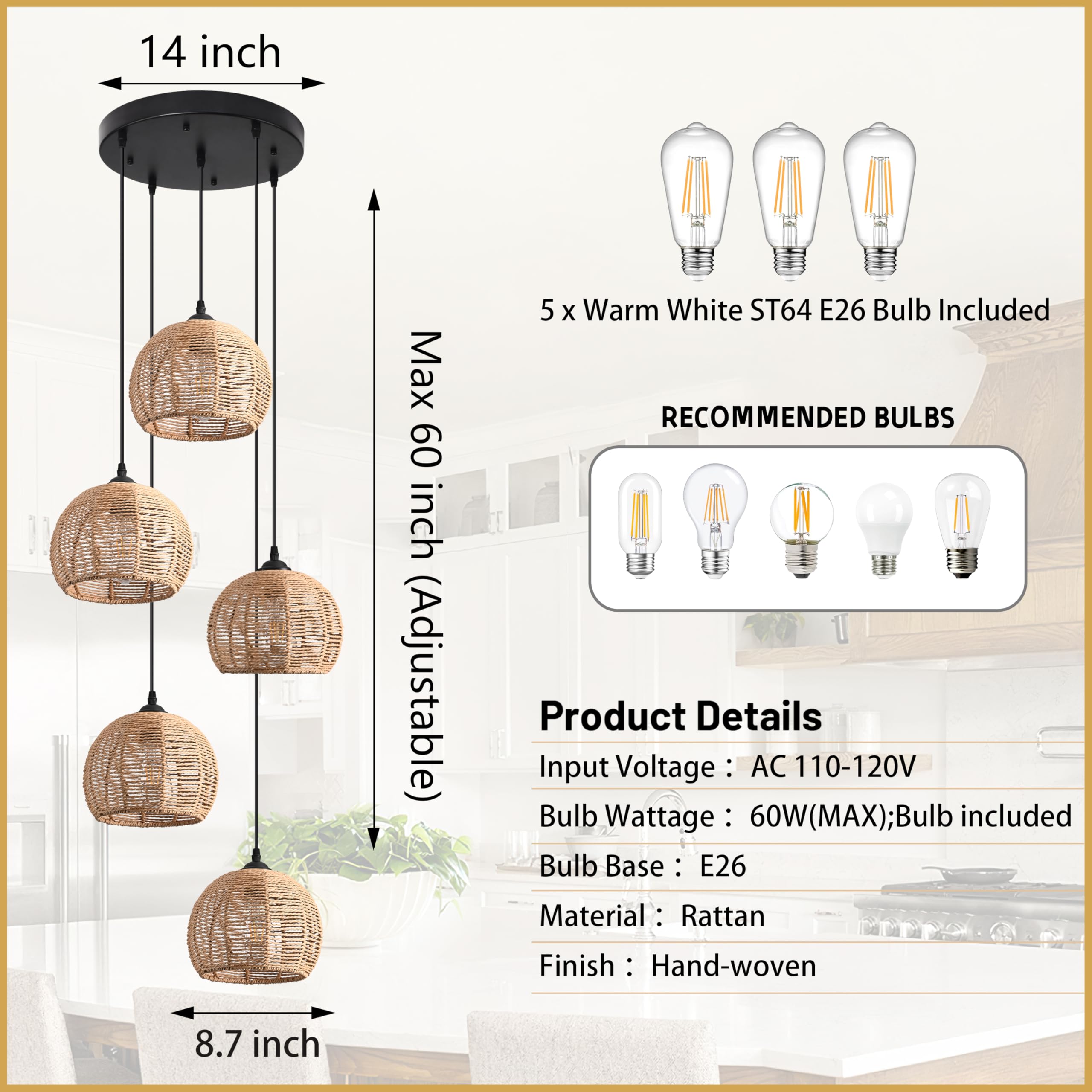 5-Light Woven Foyer Chandeliers For High Ceiling,5 Dome Boho Rattan Pendant Light Farmhouse Wicker Ceiling Light,Rustic Hemp Rop