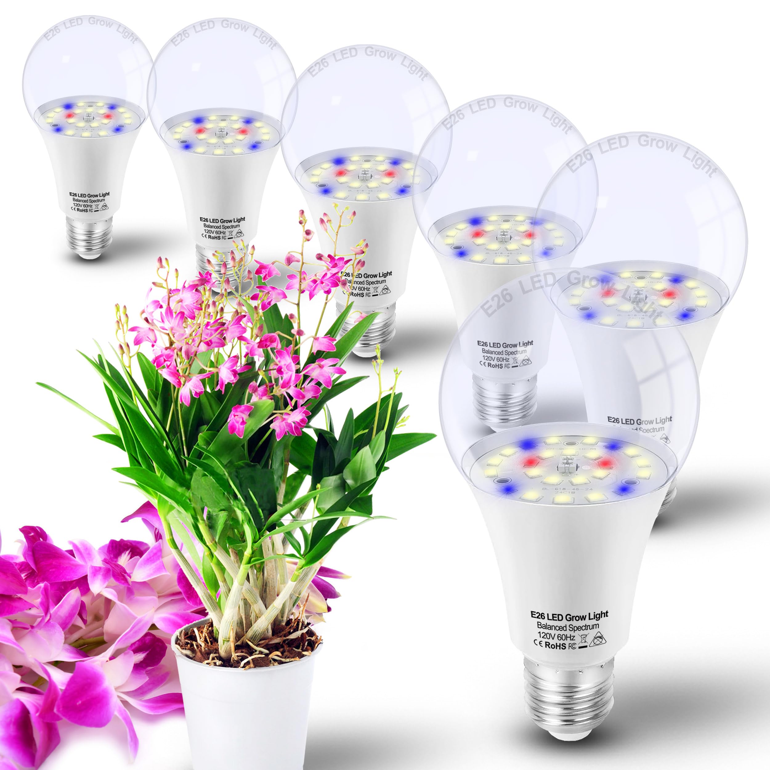 ALIDE E26 LED Plant Grow Light Bulbs Full Spectrum 5000K 100W Equivalent 6-Pack Red Blue Plastic Model AGU10435