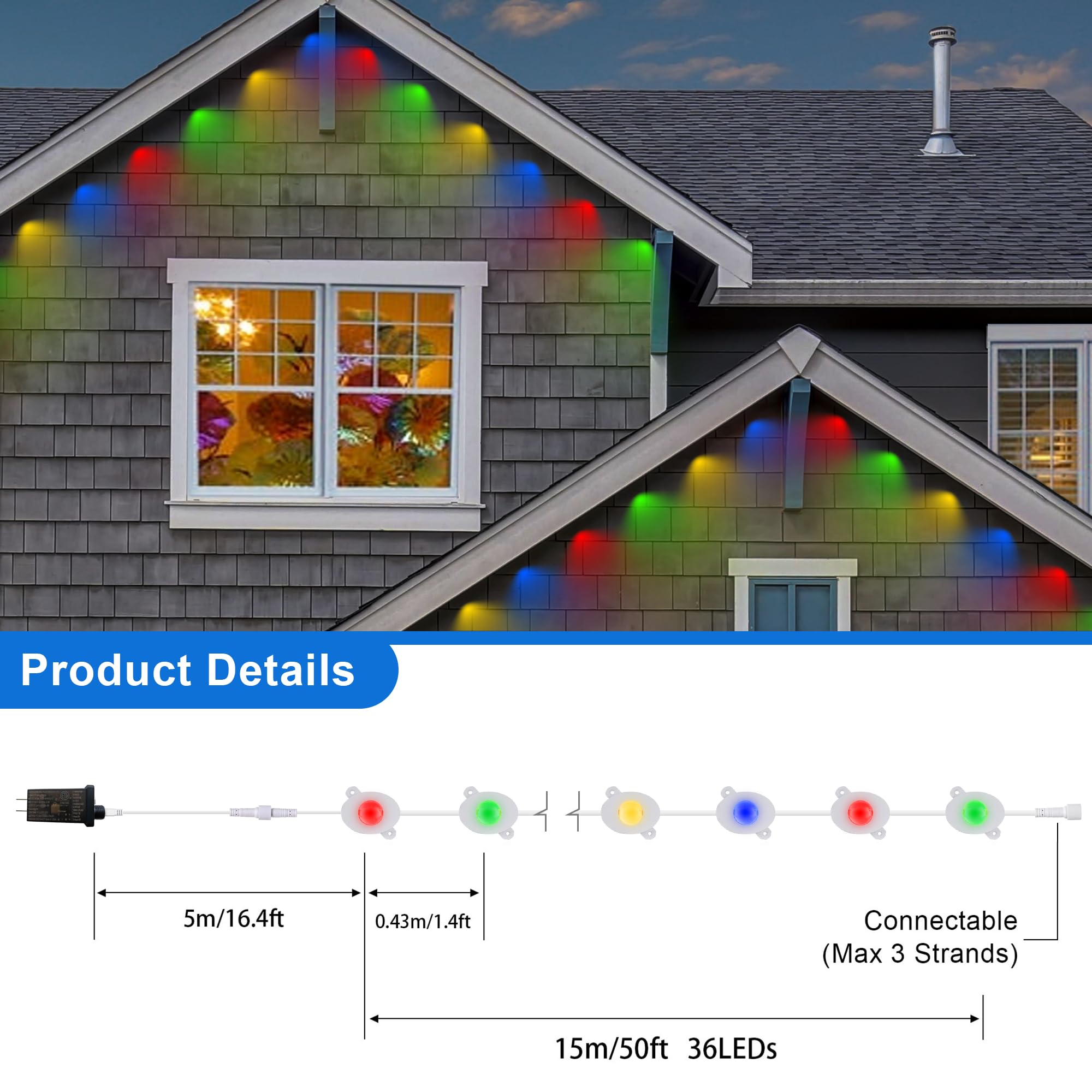 Merrimax M Permanent Outdoor Lights,50Ft 36Led Eaves Lights With Remote,8 Modes Waterproof Outdoor Eave Connectable Christmas St