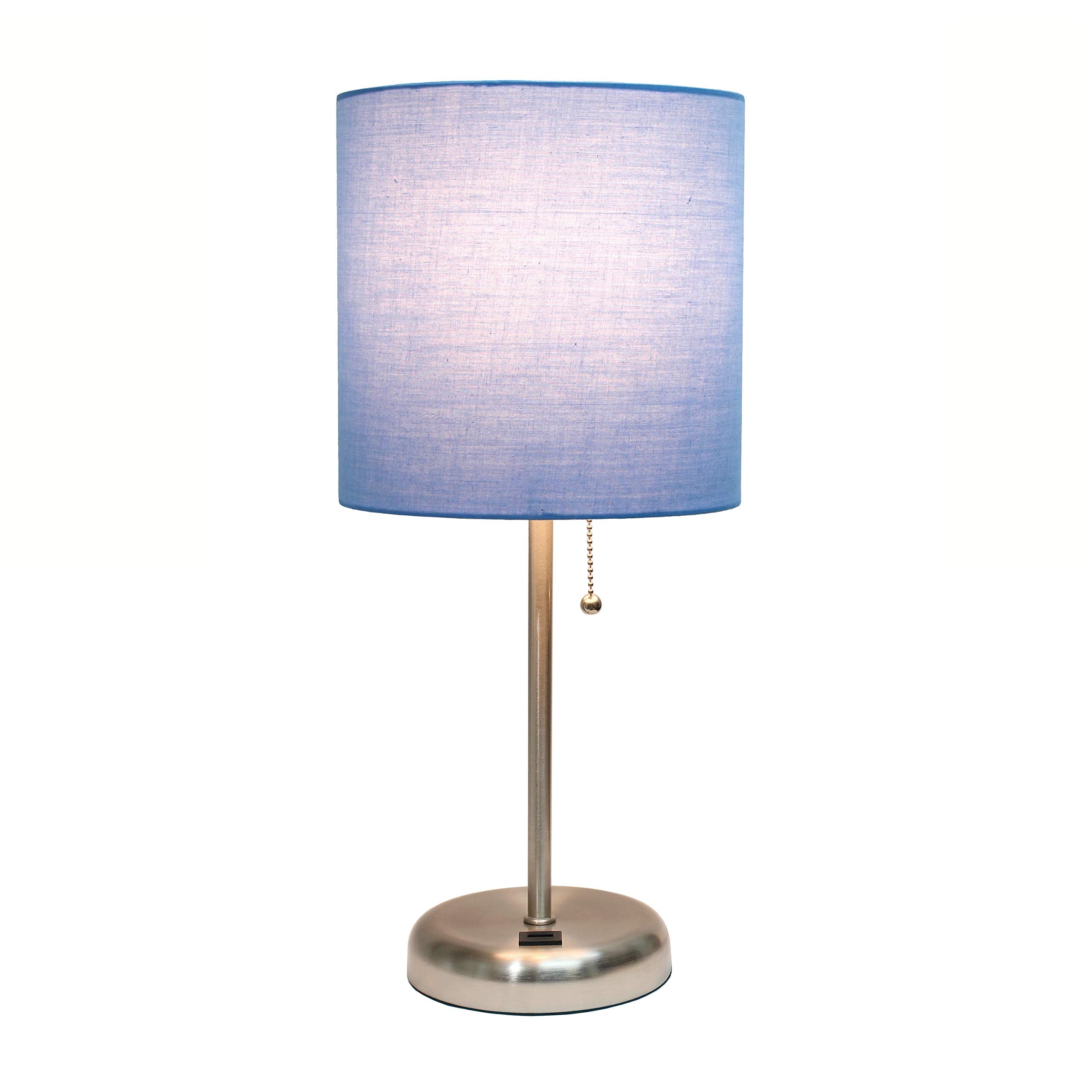 Simple Designs Lt2044-Blu Brushed Steel Stick Table Desk Lamp With Usb Charging Port And Drum Fabric Shade, Blue Shade
