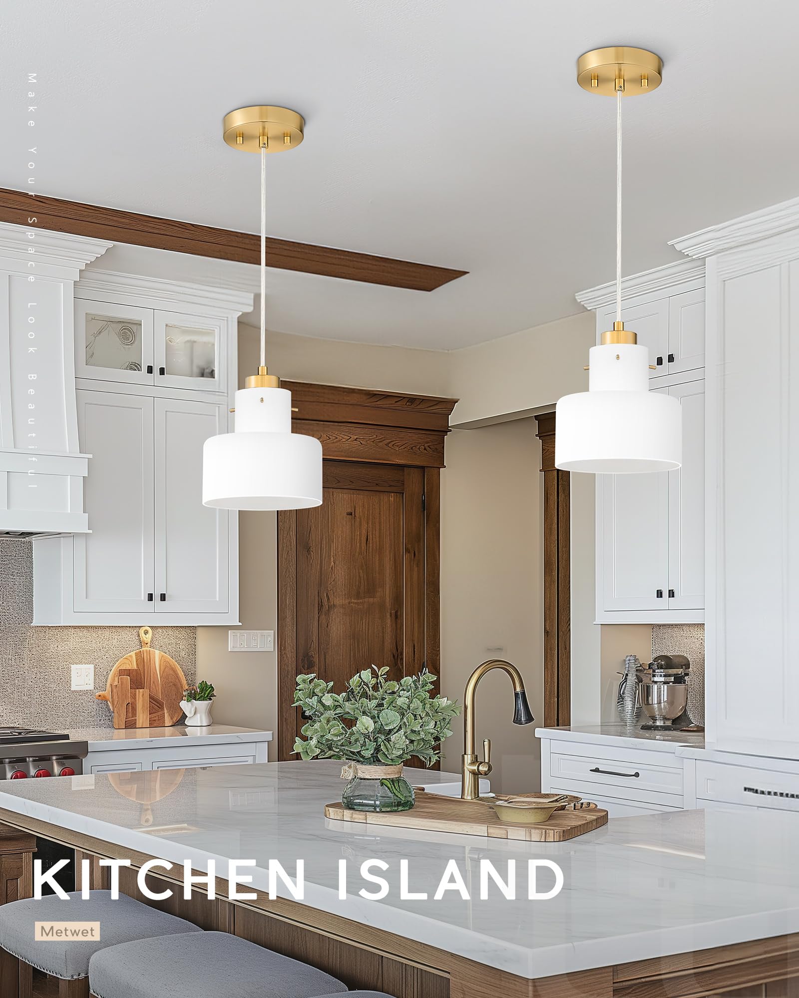 Metwet Pendant Lights Kitchen Island, 6'' Brushed Gold Pendant Light Fixtures Over Island With Milk White Glass Shade, Modern Br