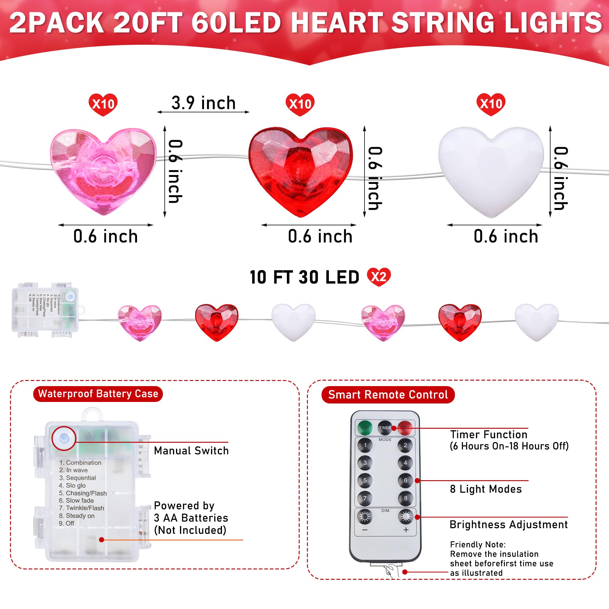 [Timer] 2 Pack Valentines Day Decor 20FT 60 LED Heart Twinkle Fairy Lights Battery Operated, 8 Modes Romantic Red Pink White Hea