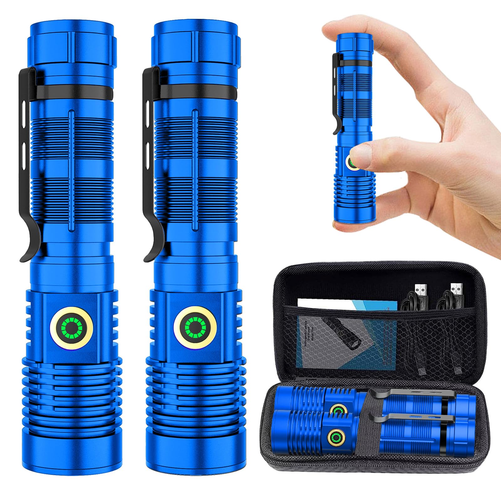 Spriak Rechargeable Flashlight, 12000 Lumens, Long-Range Zoomable LED, Aluminum, Model K2301-BLUE, 2-Pack