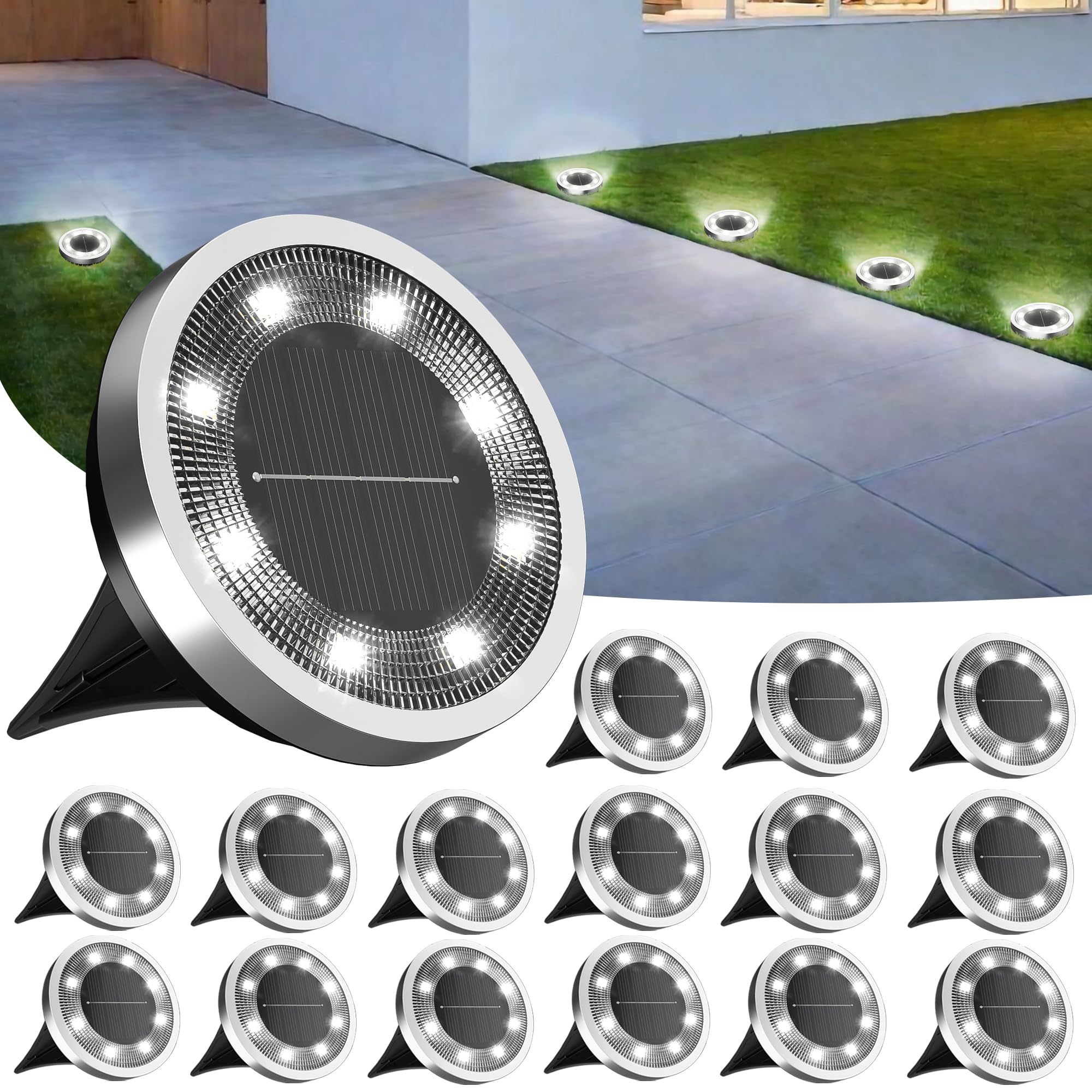 INCX Solar Ground Lights, 16 Pack, Waterproof Outdoor Lighting for Patio, Pathway, Lawn, Cold White