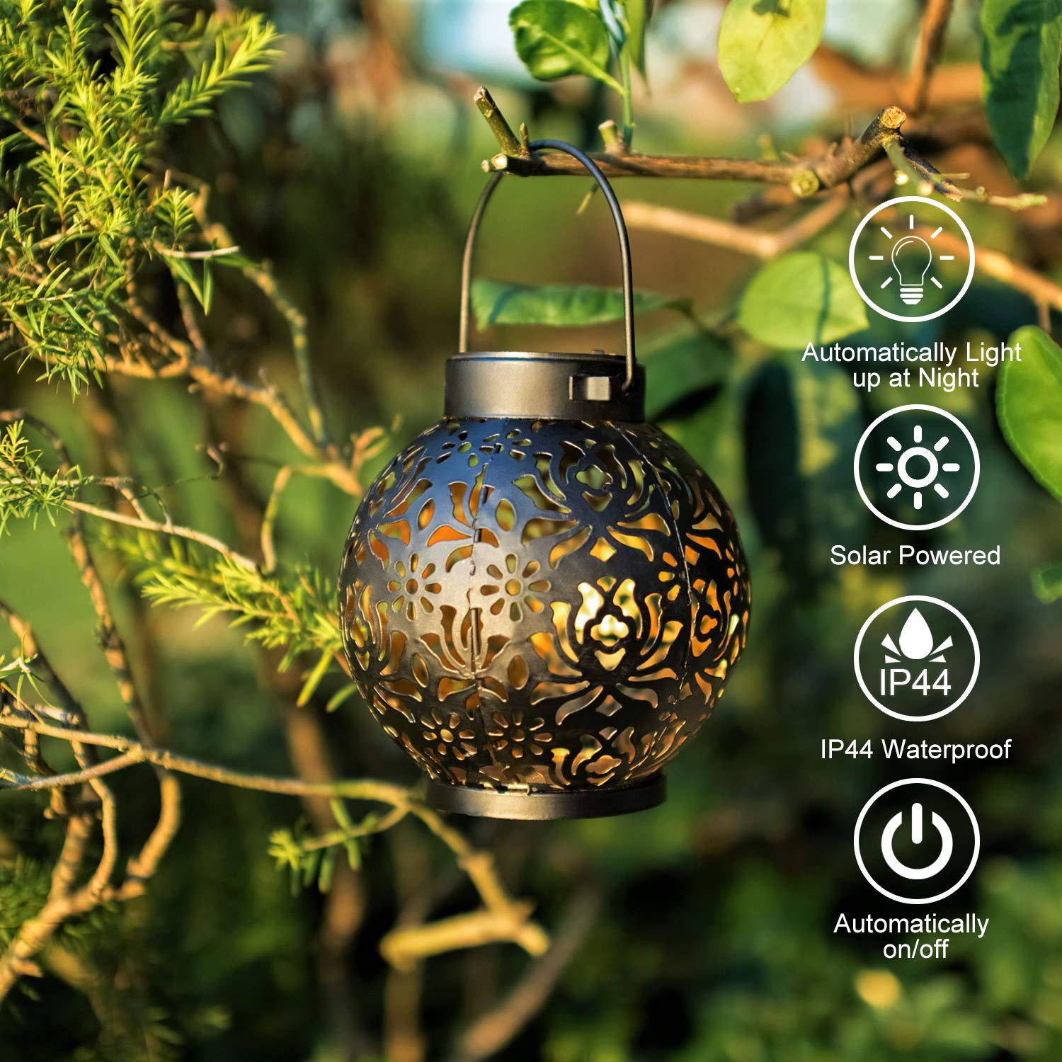 EXCMARK Solar Hanging Lantern Lights, Black, Metal, Floral Model, 9.1x5.5 inch, Decorative Christmas Light for Garden, Patio, Lawn