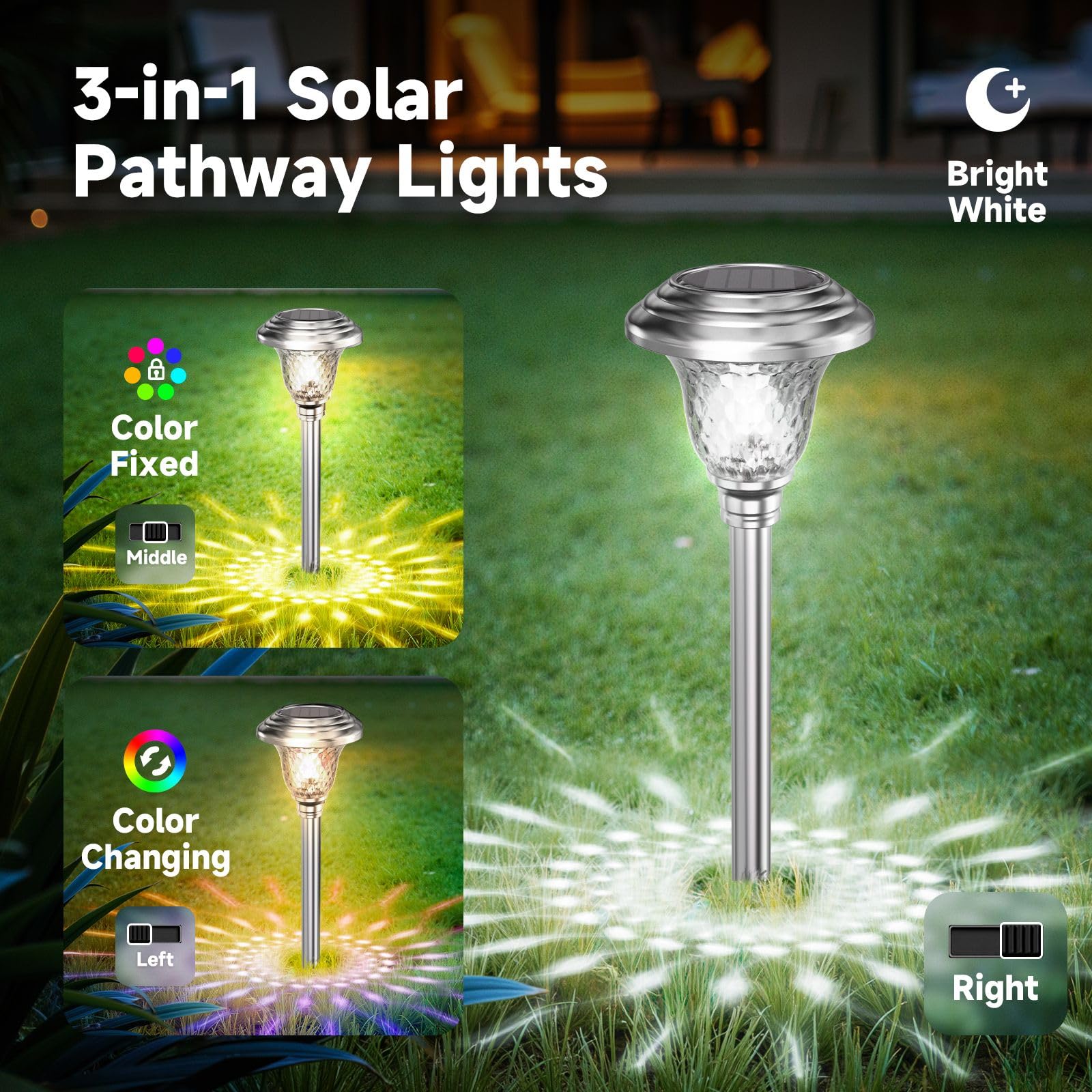 BEAU JARDIN Solar Pathway Lights, 4 Pack, Waterproof Stainless Steel, Auto On/Off, Glass, Silver, Model GL003