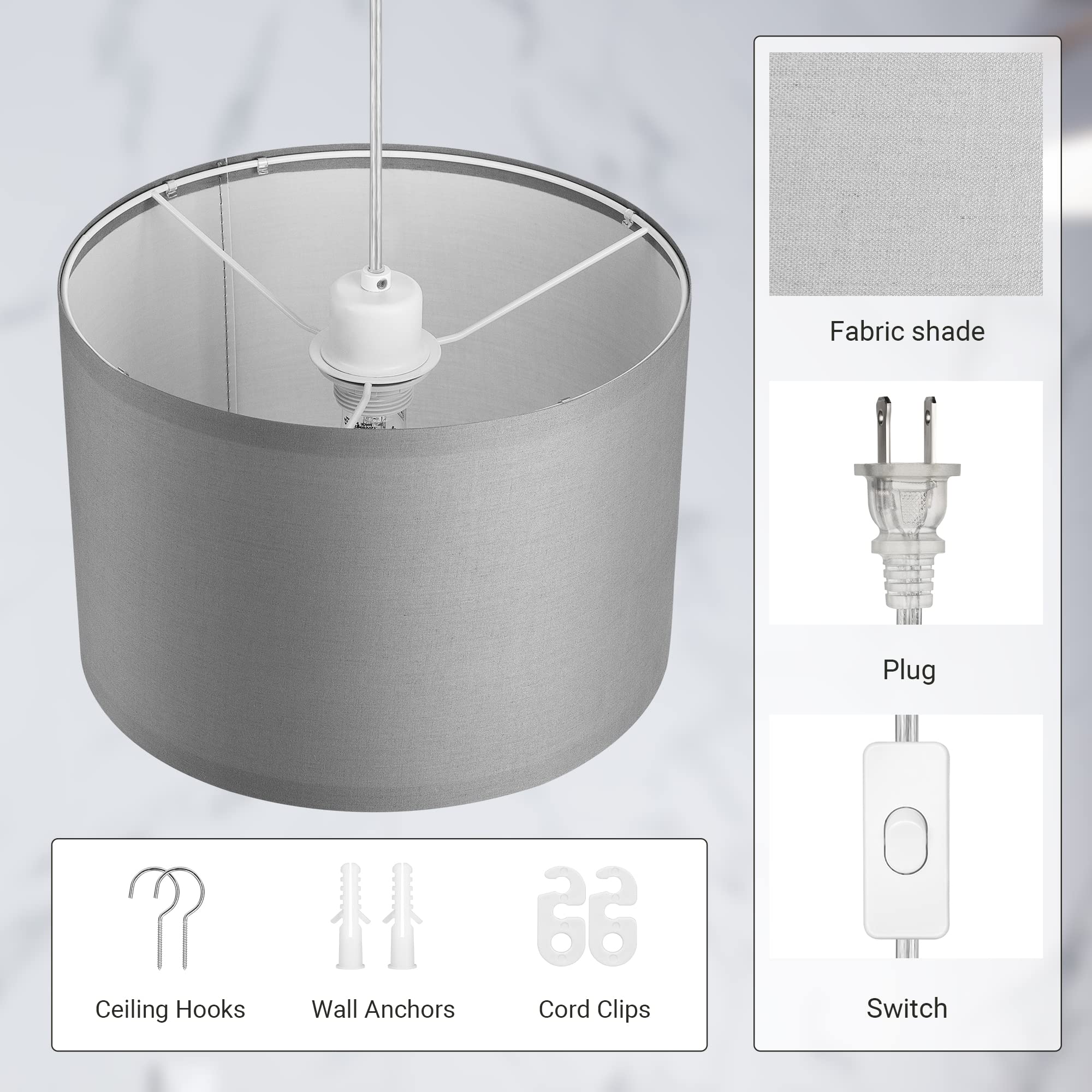 Dewenwils Plug In Hanging Light, Hanging Light With 15Ft Clear Cord, On/Off Switch, With Light Grey Fabric Lampshade, Hanging Li