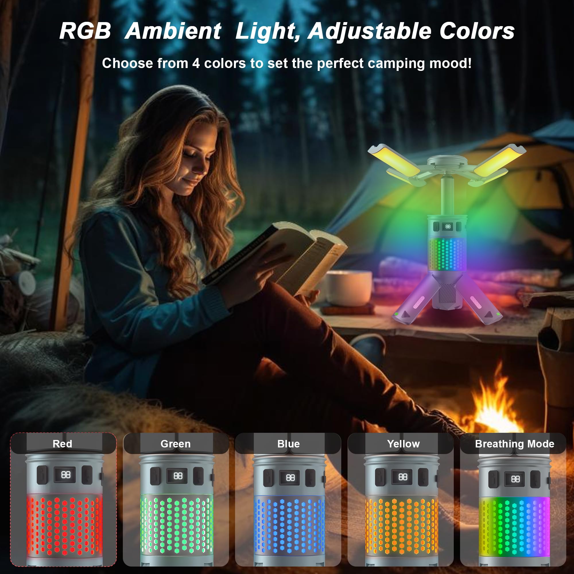 Camping Lights, Rechargeable Telescopic Camping Lights with Stand,12,000mAh Camping Lanterns & Lights with RGB, Magnetic Base, P