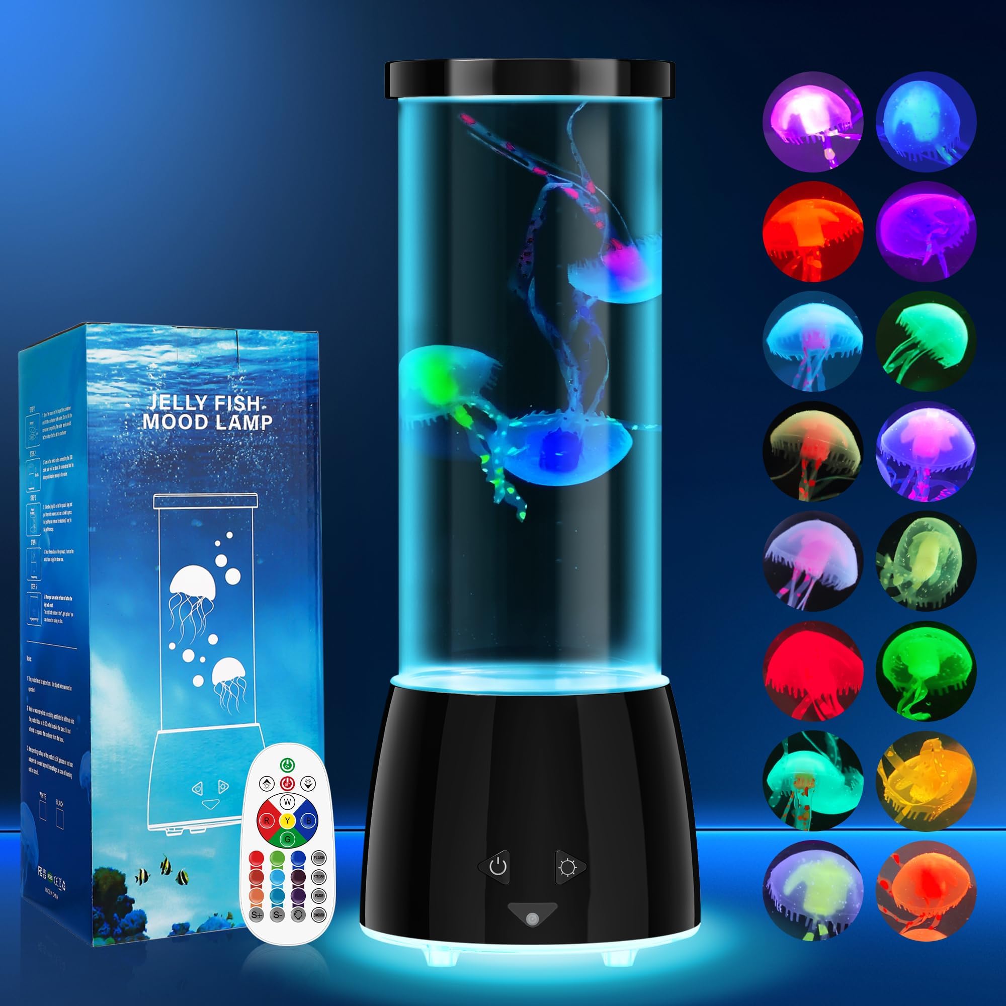 GuardWee Jellyfish Lamp - 17 Color Changing Modes, Remote Control, USB Rechargeable, Black, Model 6607