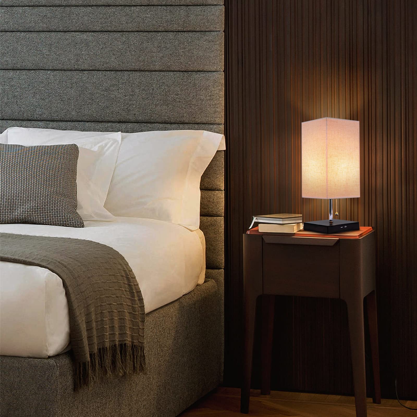 Siljoy Modern Table Lamp with Beige Fabric Lampshade, Pull Chain Switch, 2 USB Ports, Black Wooden Base, L-Square