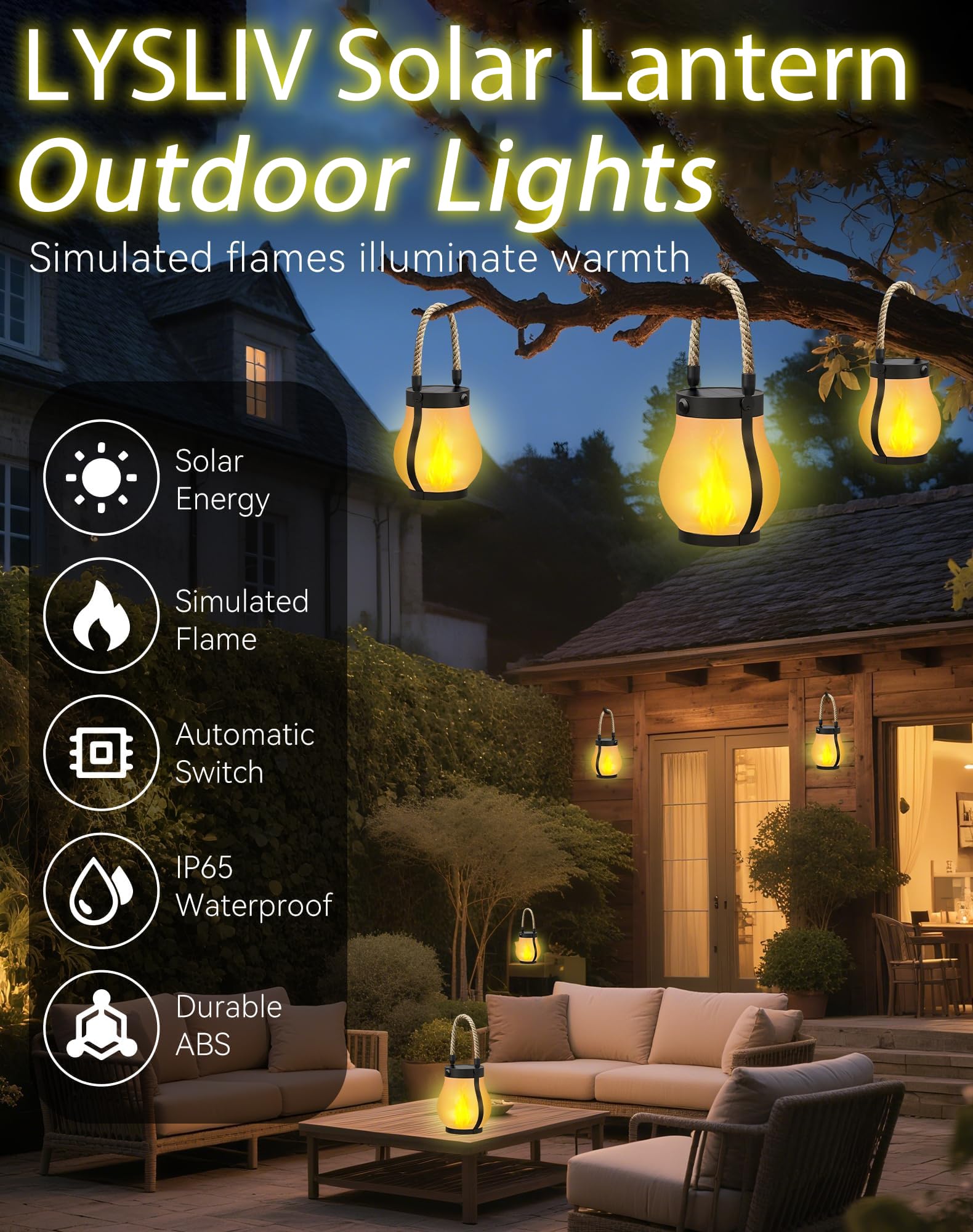 Lysliv Solar Lanterns - Waterproof USB Rechargeable with 3D Flickering Flame, Boho Design, 2 Pcs, Flame Color, Model Flame-01