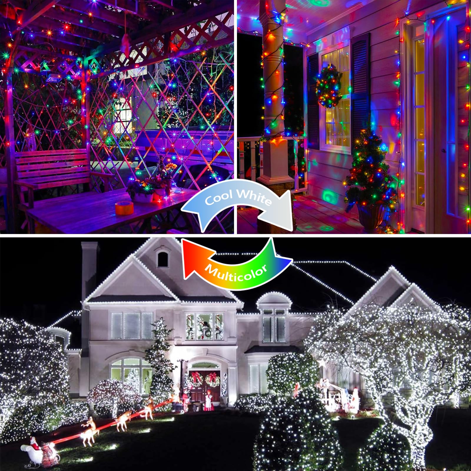 YIQU 82FT 200 LED Color Changing Christmas String Lights, Waterproof, Remote & Timer, 9 Modes, Cool White & Multicolor