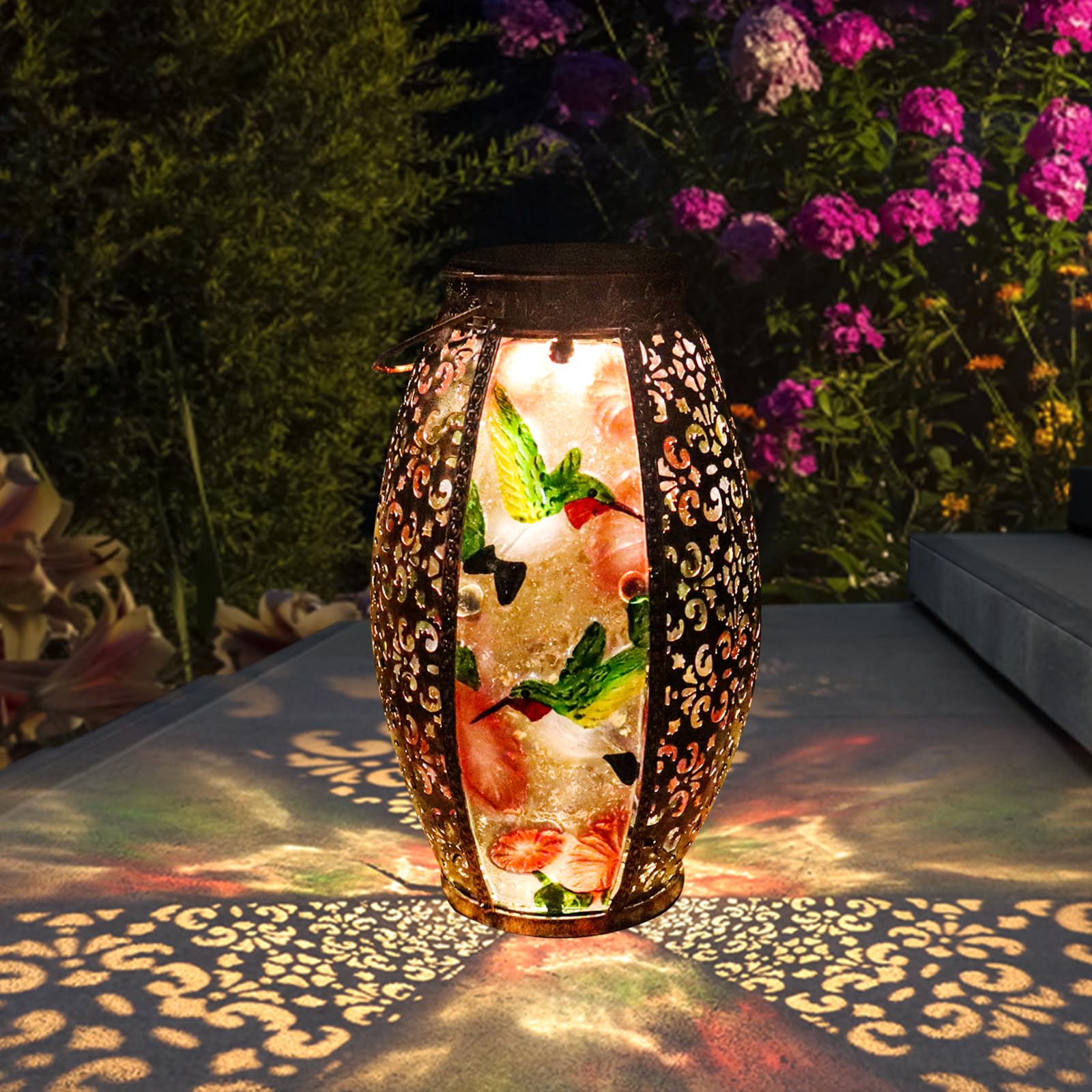 Solar Lanterns Outdoor Light - Solar Powered Led Hummingbird Glass Lights Decorative Waterproof Tabletop Lamp With Hollowed-Out Design For Indoor Yard Table Patio Garden Pathway Holiday
