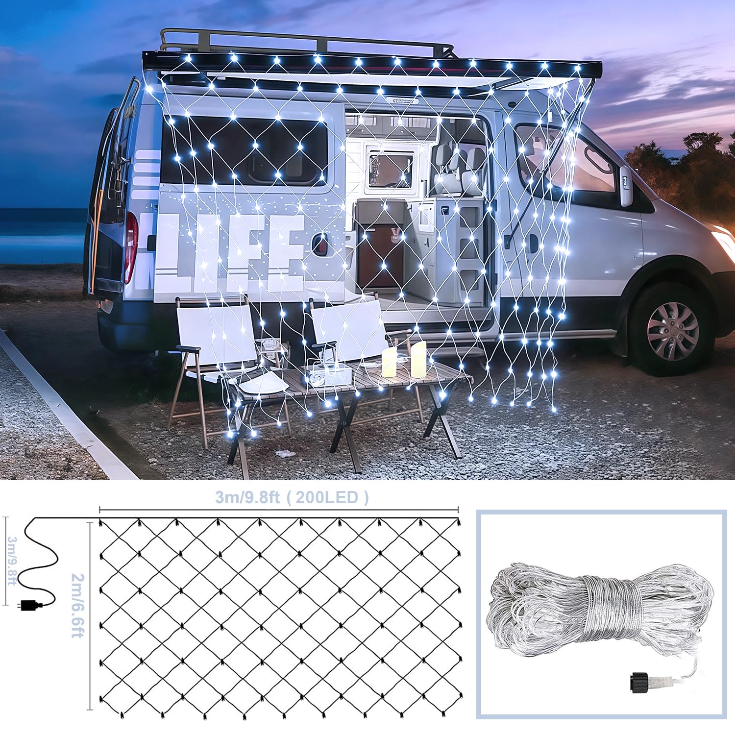 JMEXSUSS 200 LED Net Lights for Outdoor, Waterproof, 8 Modes, 9.8ft x 6.6ft, Cool White, Model EXS-N-0200