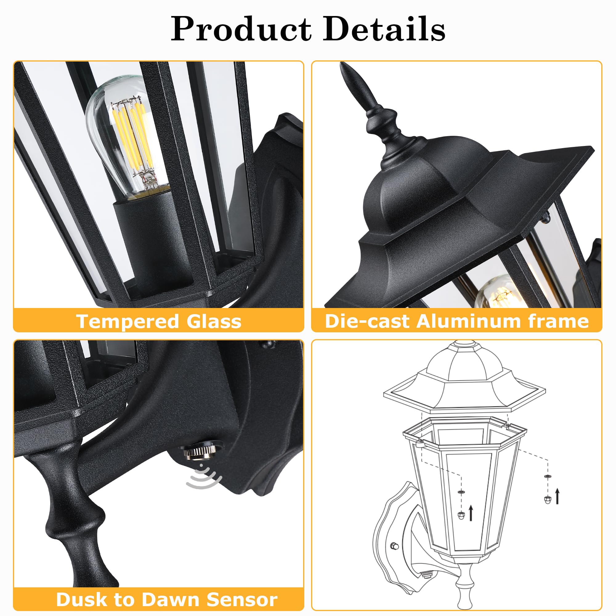 GRUENLICH Dusk to Dawn Outdoor Wall Sconce, 14 Inch, Black Aluminum, 2 Pack, Model GR-WL003D2D-BK-2PK