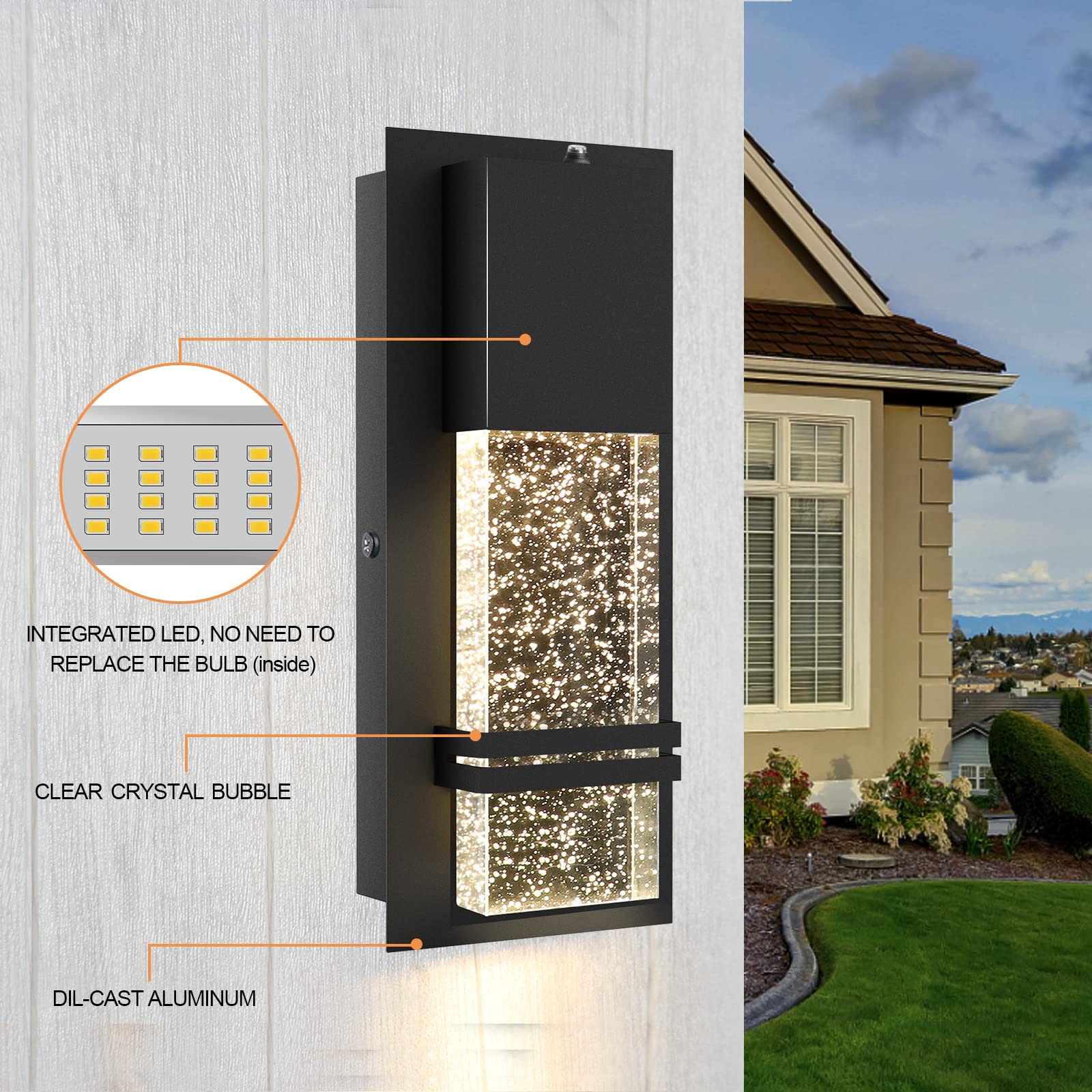 Partphoner Led Dusk To Dawn Outdoor Light Fixture Exterior Wall Sconces Porch Light 2 Pack Outside Wall Lights With Crystal Bubb
