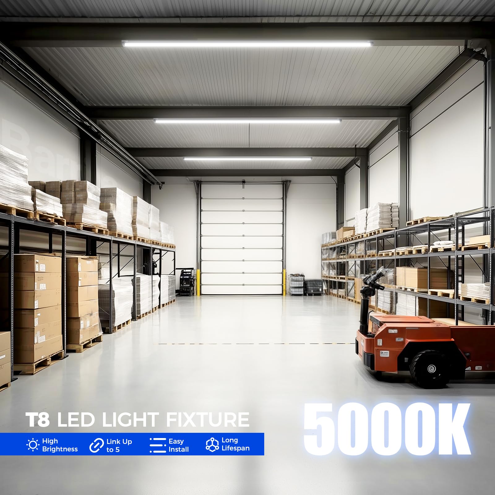 Barrina T8 Led Shop Light 5Ft, 50W 6500Lm 5000K, Clear Cover, Garage Lights Ceiling, V-Shape Led Light Fixture, Work Shop Lights