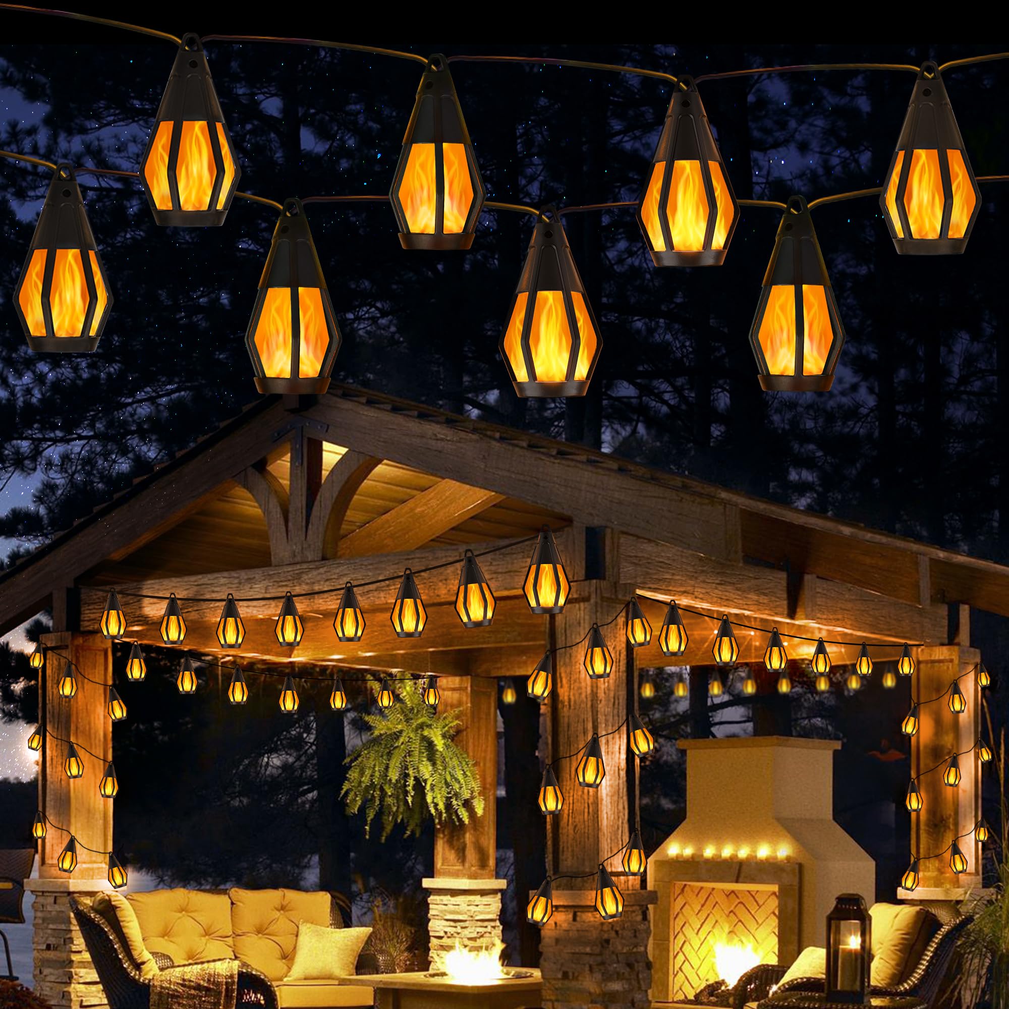 Solar String Lights for Outside, 33Ft Solar Patio Light with 15 Flickering Flame Light Bulbs, Waterproof Warm White Solar Powere