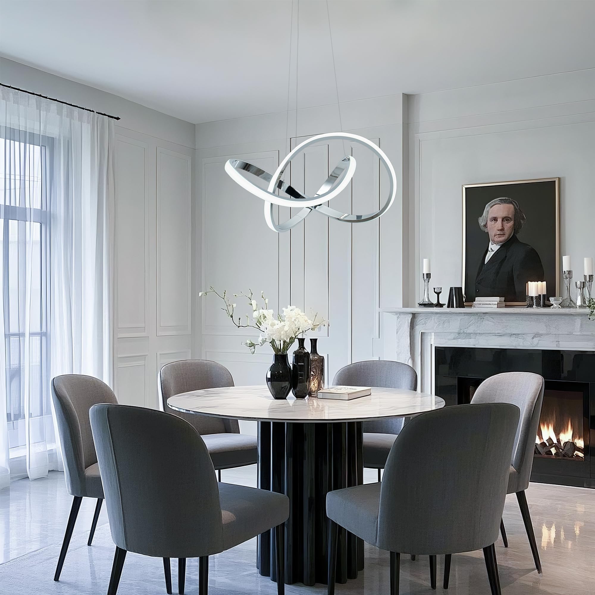 Mayna Modern Chandelier With Remote Control  3-Color Dimmable Led Pendant Light Fixtures  Height Adjustable Kitchen Island Lighting For Dining Room Kitchen Entryway Living Room  Chrome 25.6 Inch