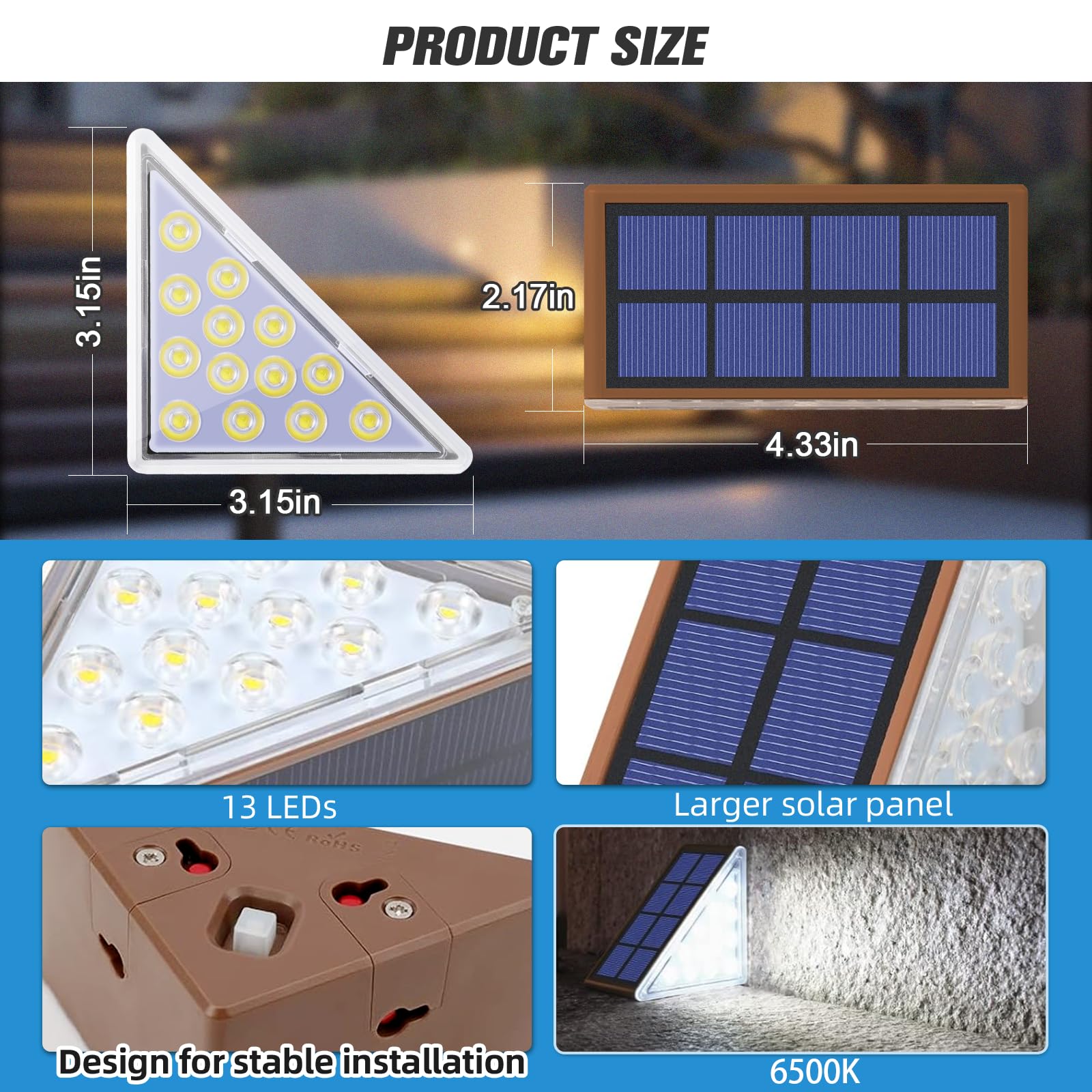 NIORSUN Solar Stair Lights, Waterproof IP67, Auto On/Off, Cool White, 12 Pack, Brown, Model ABE110-B