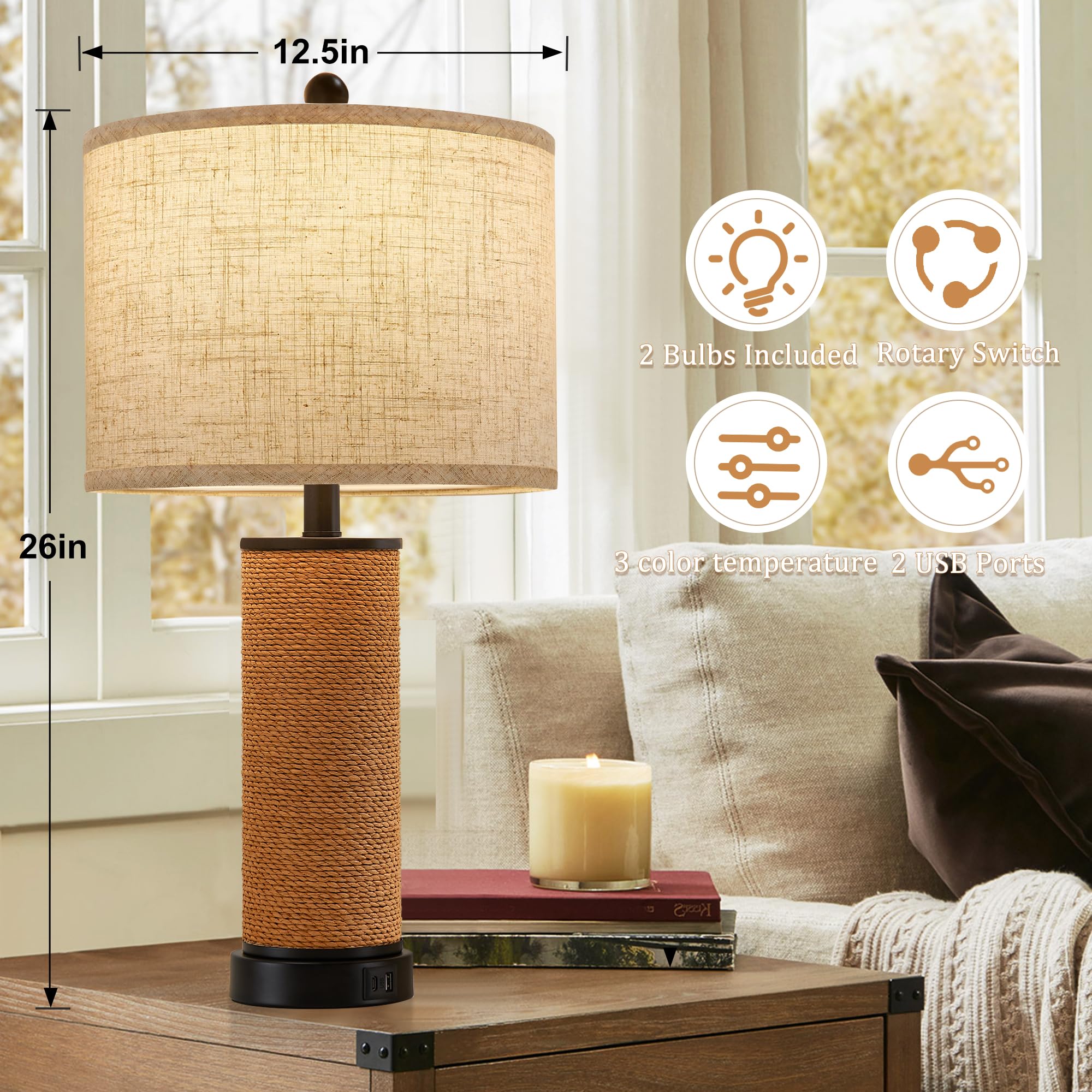 Set Of 2 Rattan Table Lamps For Living Room With Usb C+A Ports, 3 Color Temperature Nightstand Bedside Lamp Rocker Switch Coasta